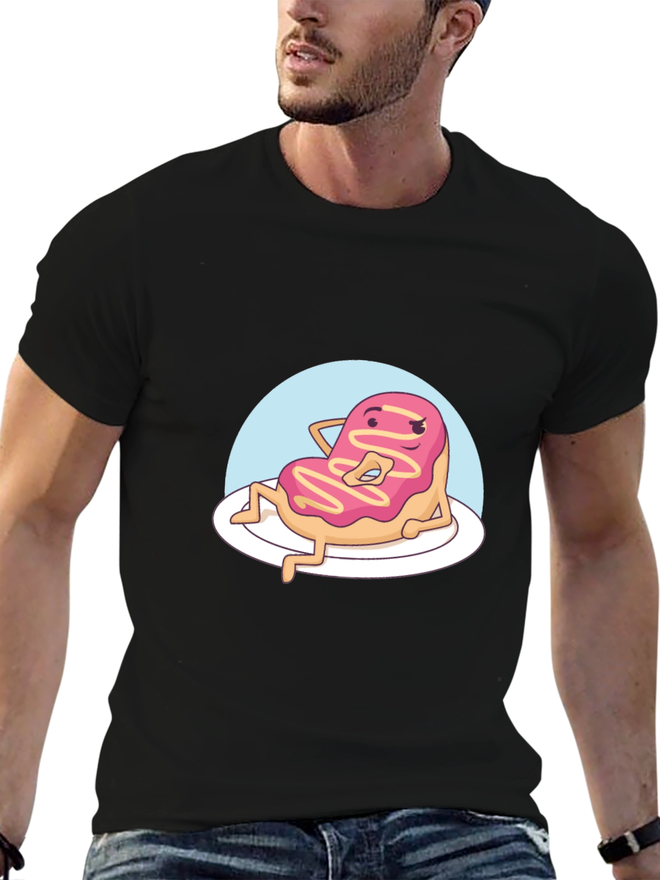 Black Funny Donut Cartoon T-Shirt - Black view 6