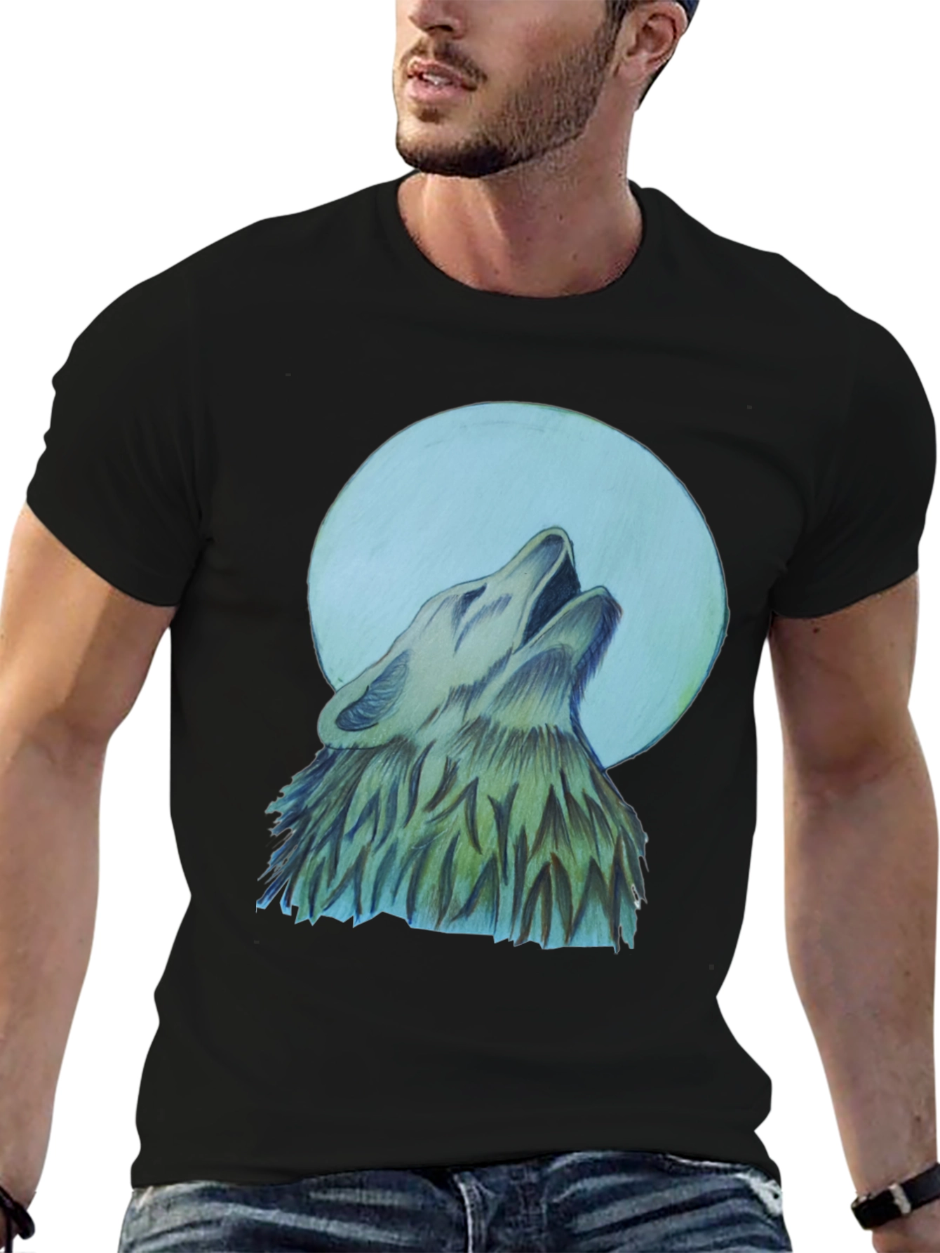 Black Wolf Howling at Moon Graphic T-Shirt view 6