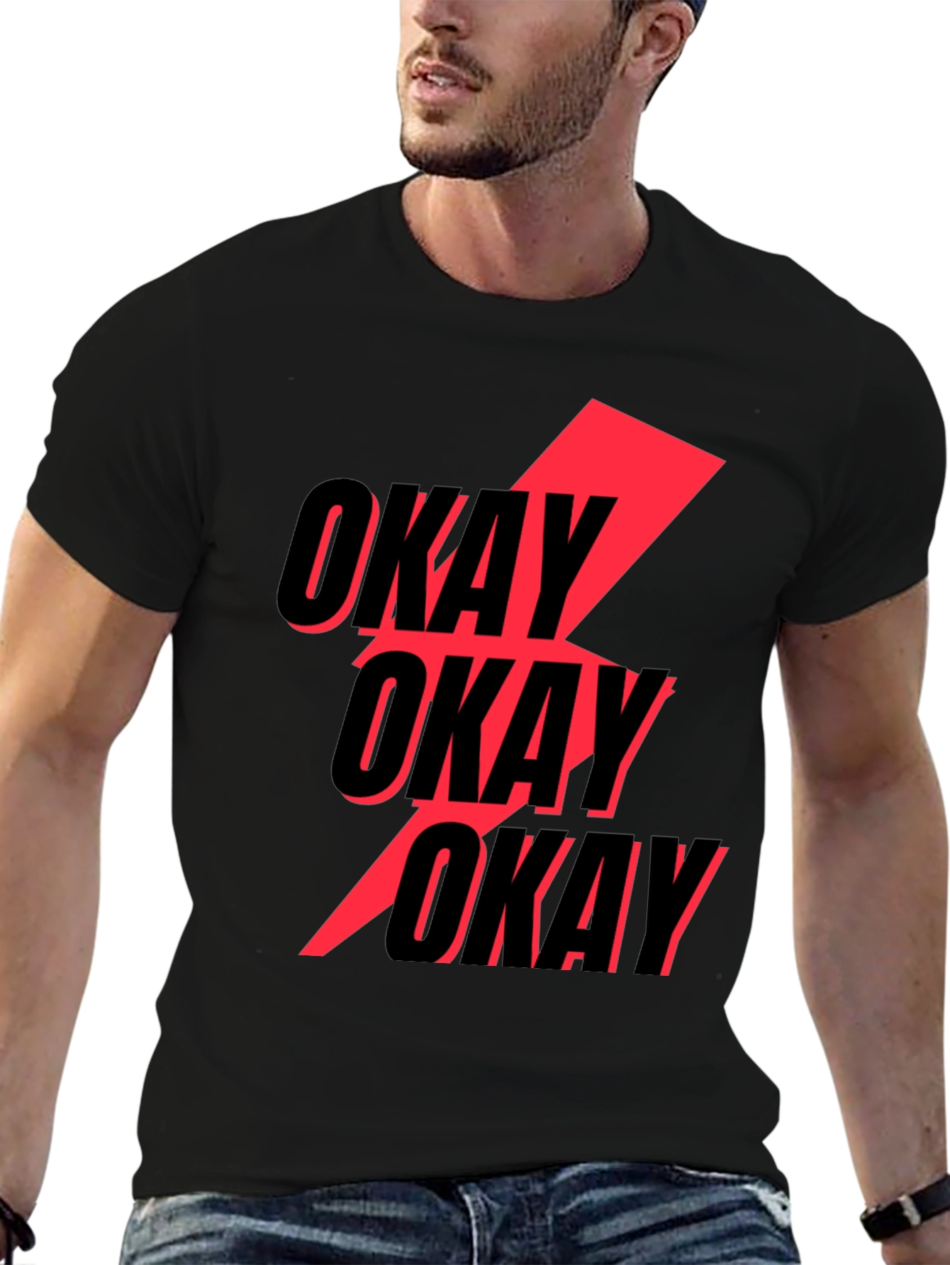 Black Okay Graphic T-Shirt - Bold Red Lightning Bolt Design view 6