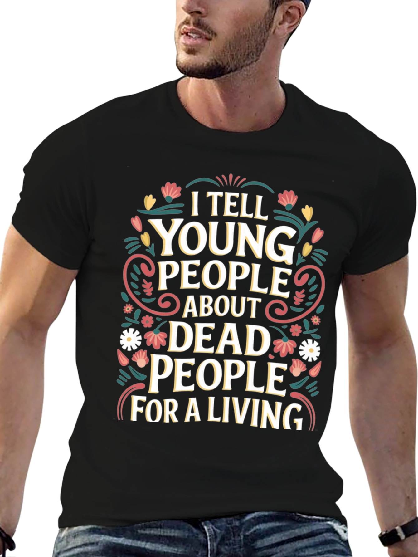 Black I Tell Young People About Dead People T-Shirt view 6