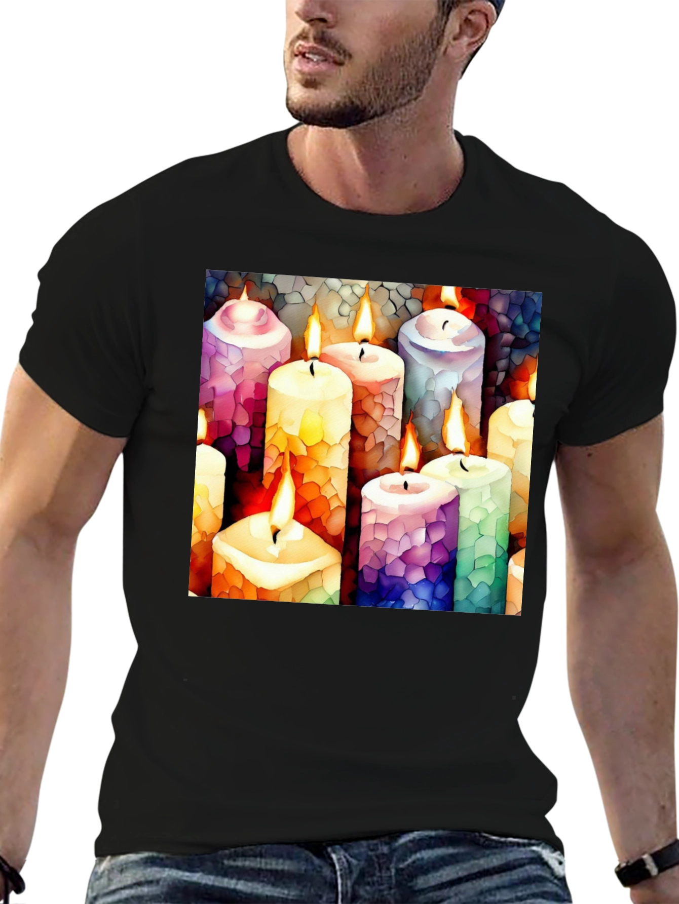 Black Artistic Candle Print Black T-Shirt view 6