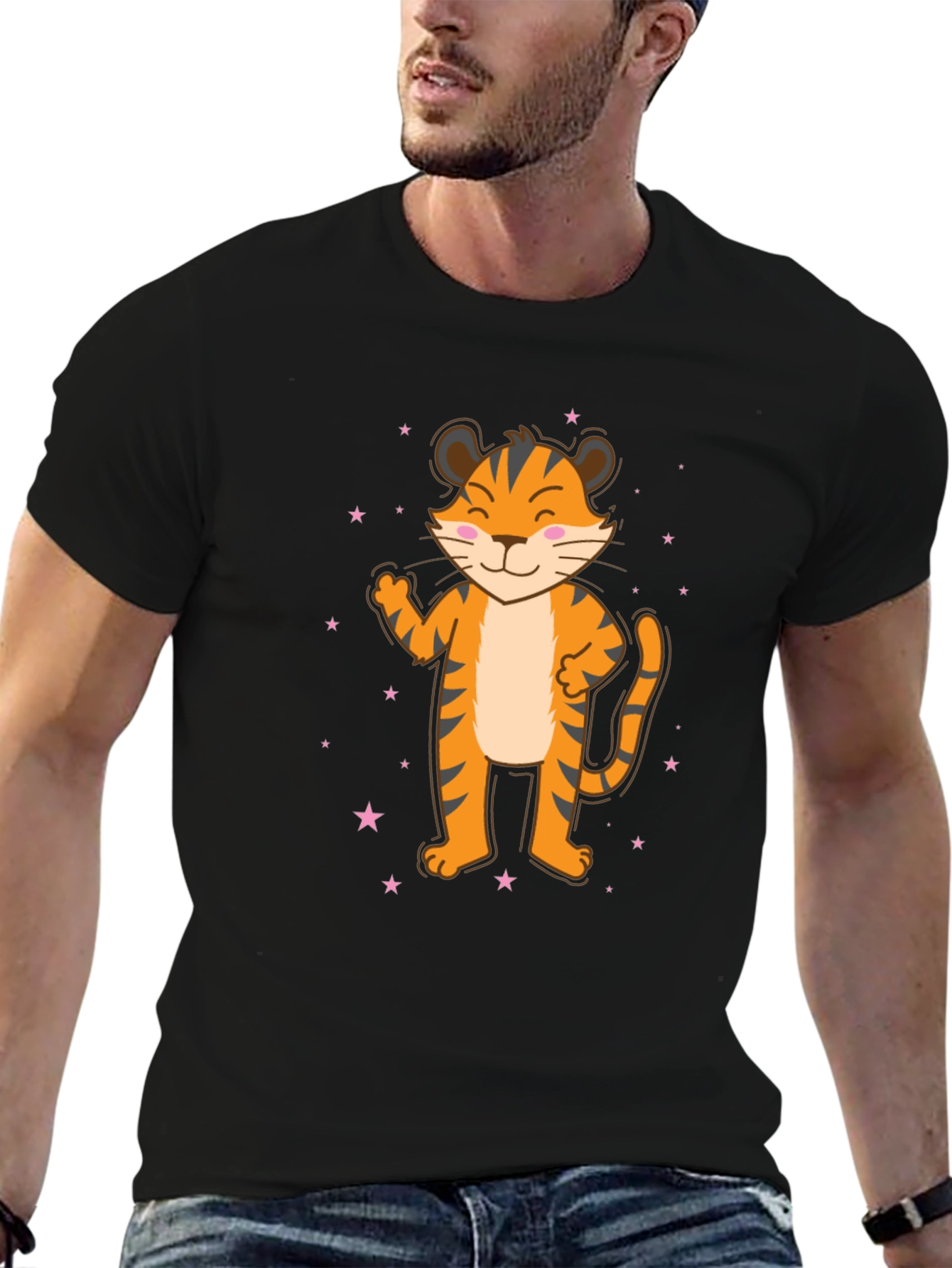 Black Cute Cartoon Tiger Black T-Shirt view 6
