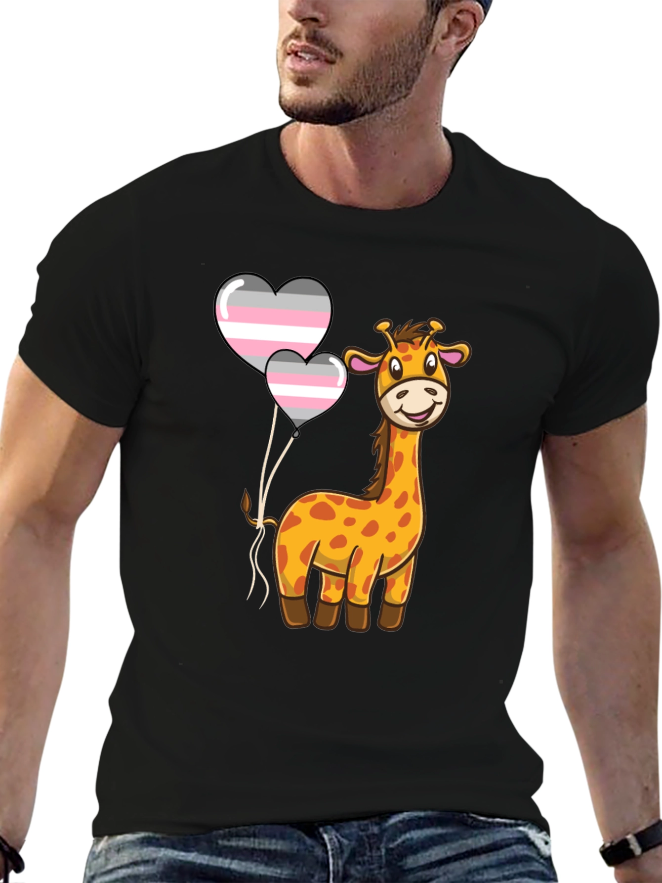Black Giraffe with Demigender Pride Balloons T-Shirt view 6