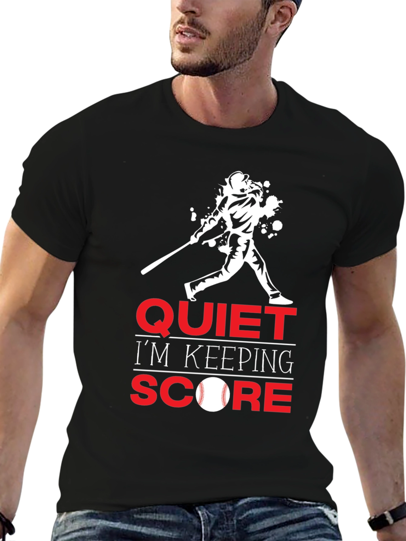 Black Quiet I'm Keeping Score Baseball T-Shirt view 6
