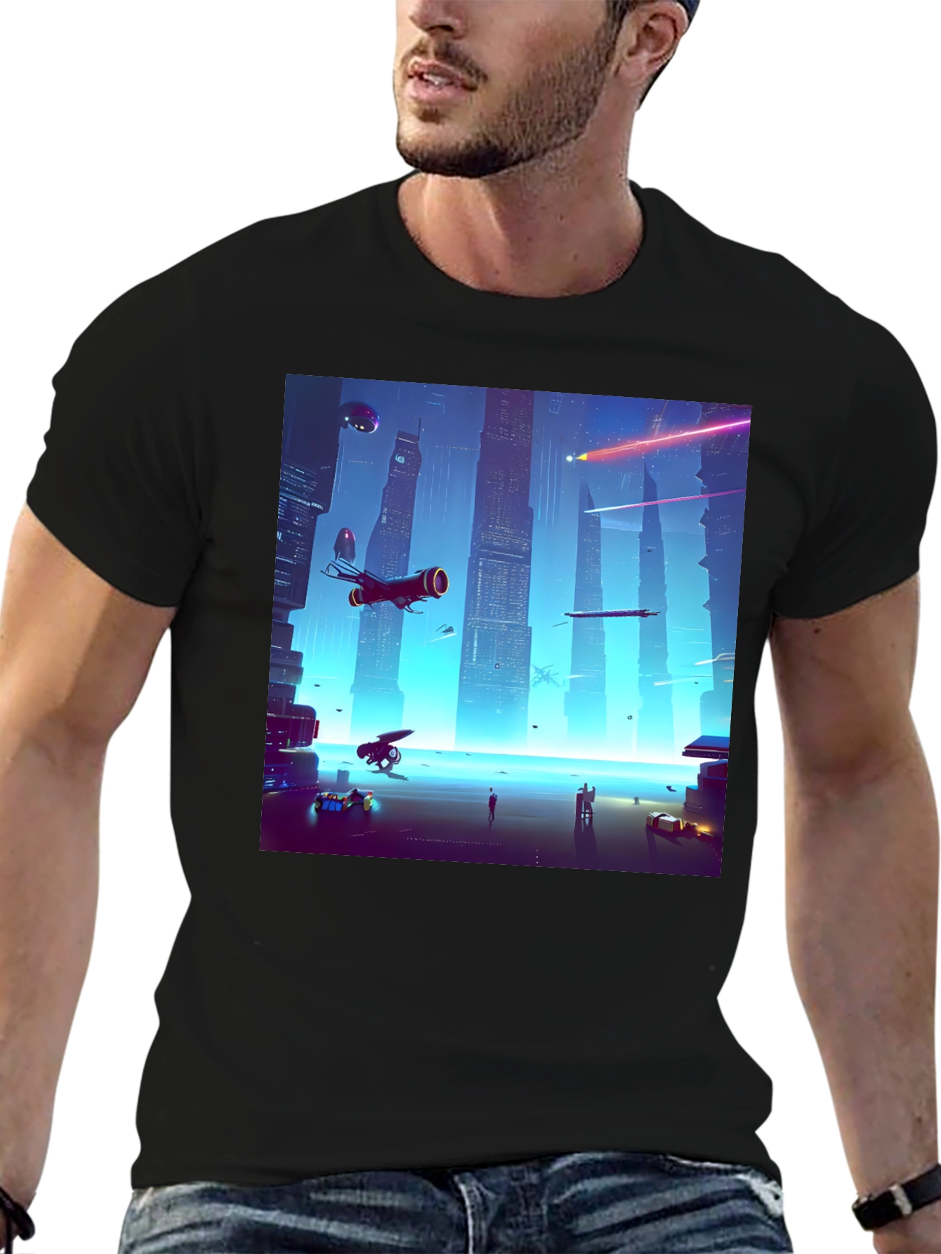 Black Sci-Fi Cityscape Black T-Shirt view 6
