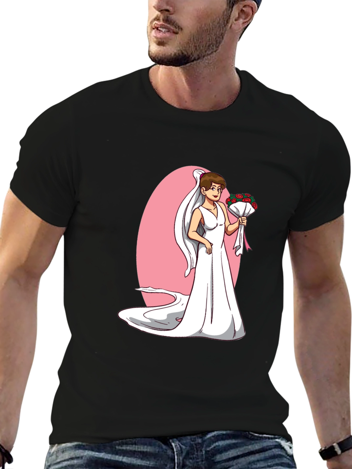 Black Bride Cartoon T-Shirt - Black, Funny Wedding Tee view 6