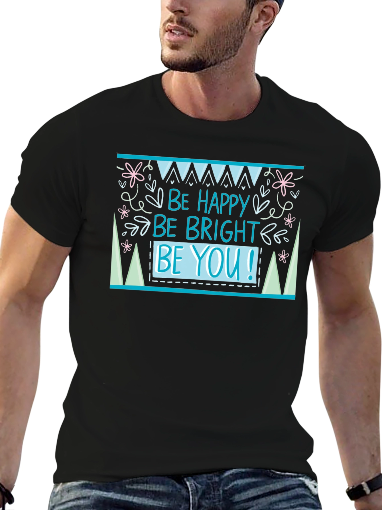 Black Be Happy Graphic Tee - Black Cotton T-Shirt view 6