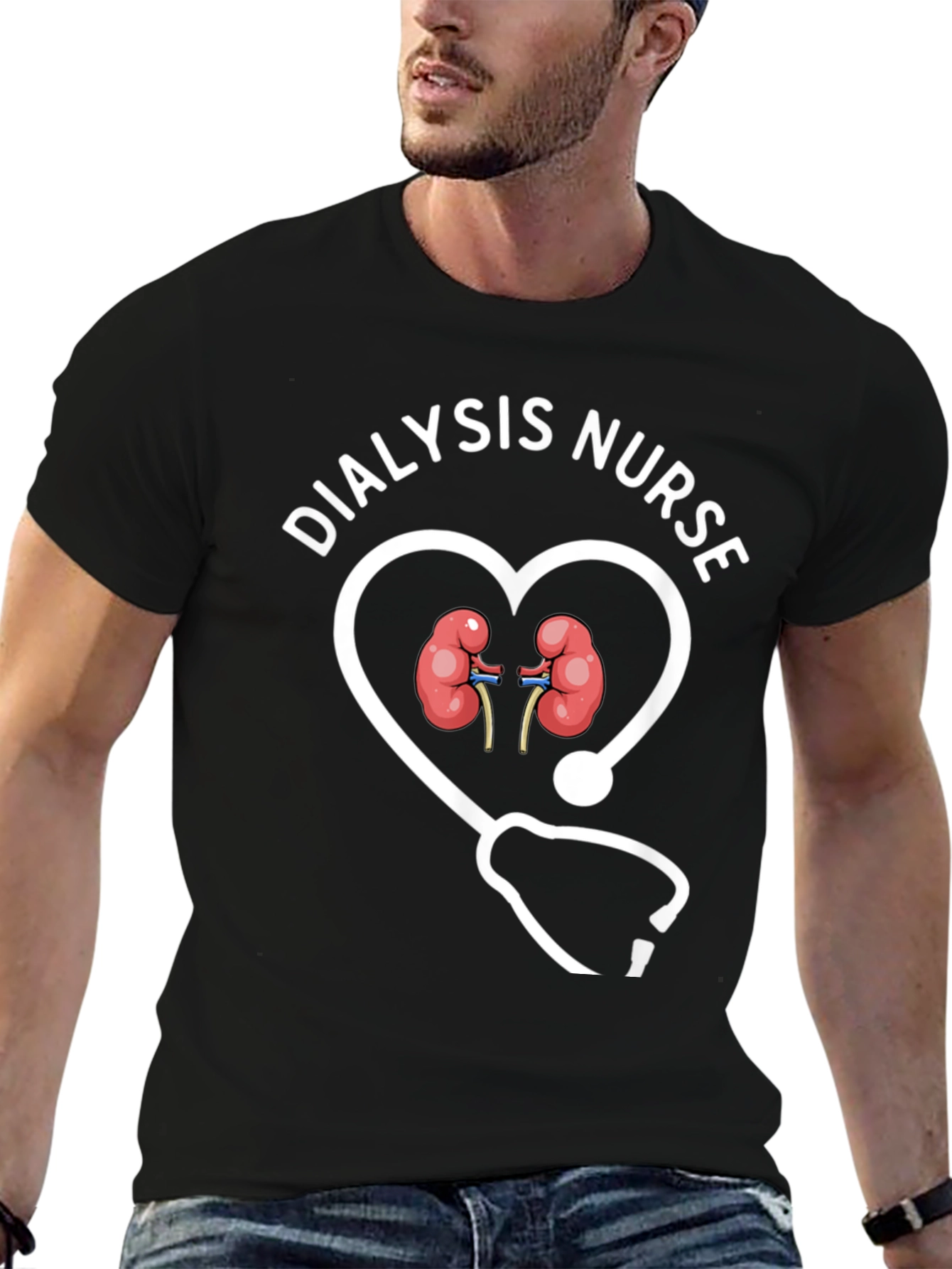 Black Dialysis Nurse Heart Stethoscope Graphic T-Shirt view 6