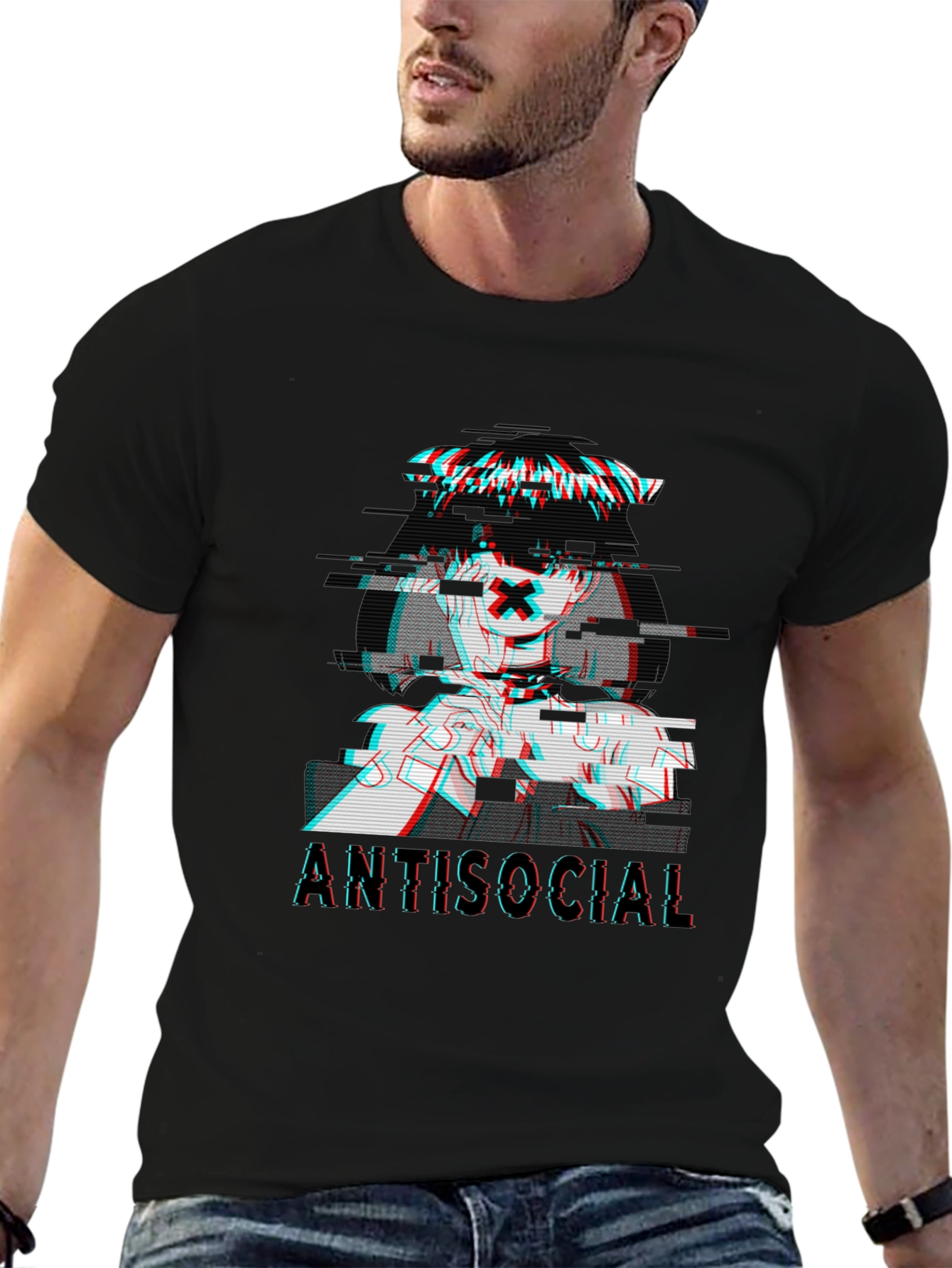Black Antisocial Glitch Anime T-Shirt - Black view 6