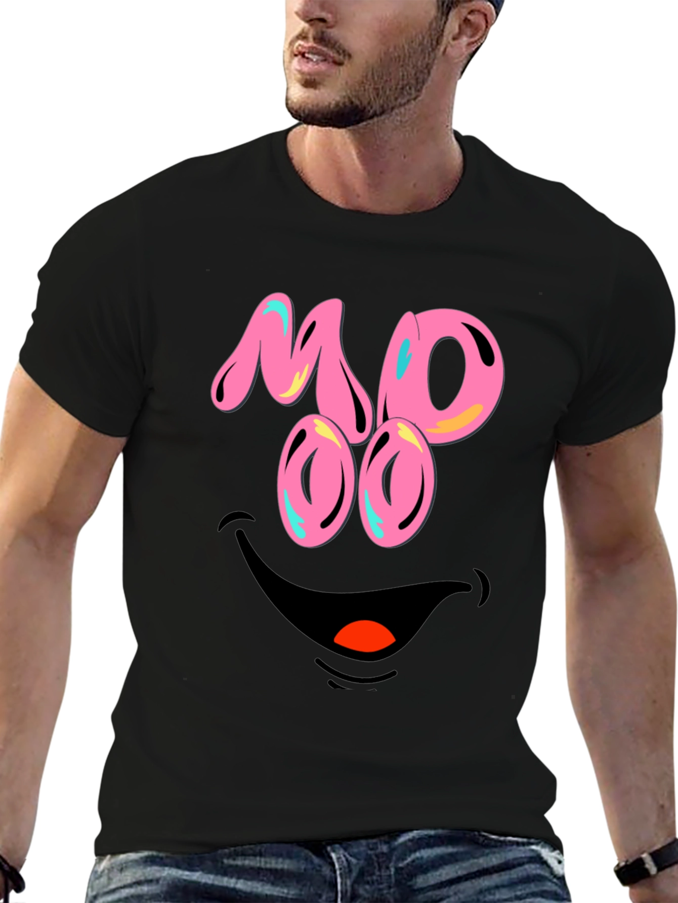 Black Funny MOOO Face Graphic T-Shirt view 6