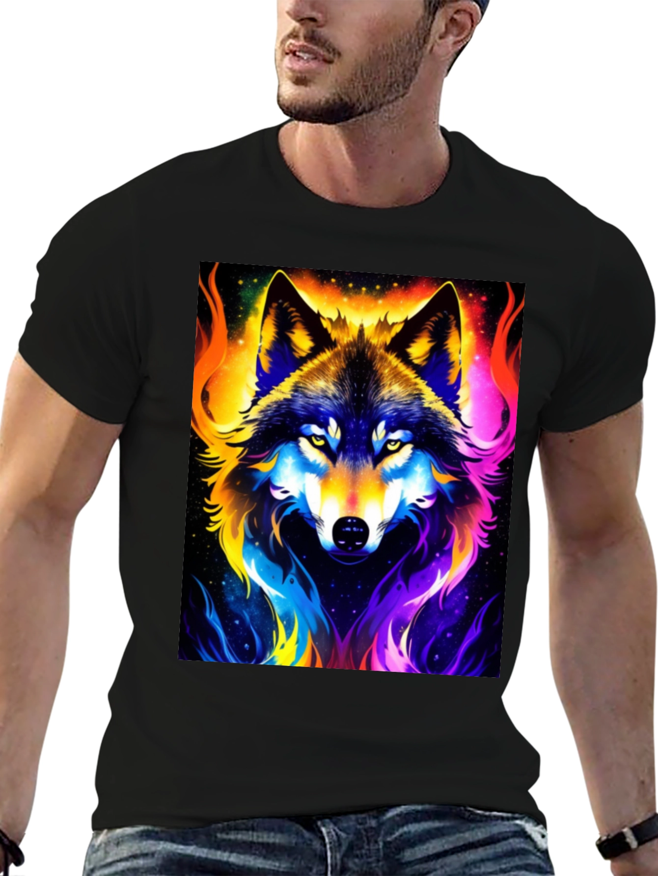 Black Vibrant Wolf Graphic Black T-Shirt view 6