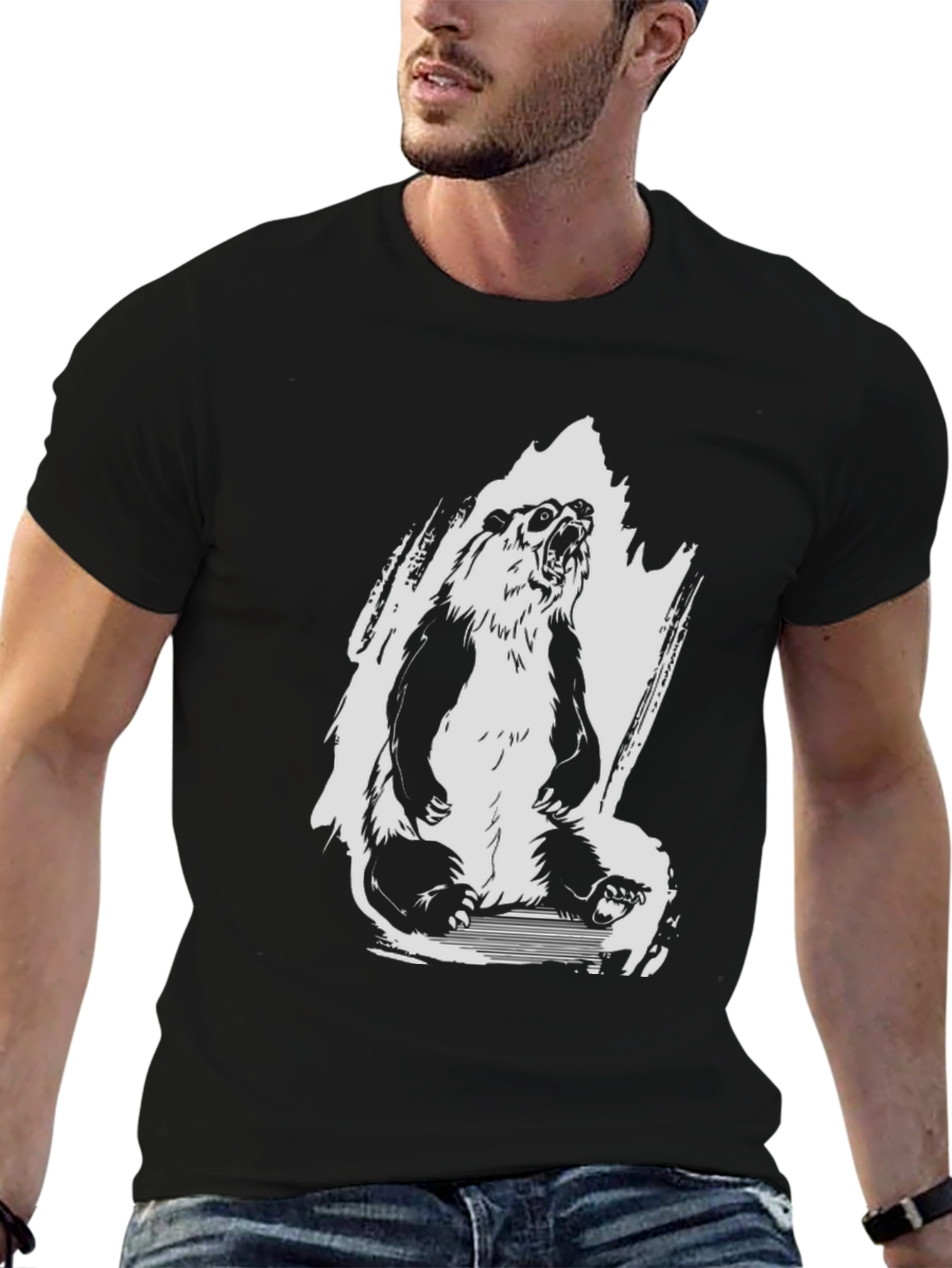Black Men's Black Graphic Tee - Roaring Panda Design view 6