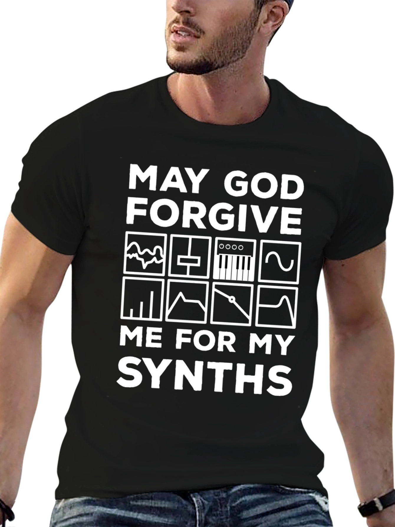 Black May God Forgive Me for My Synths T-Shirt view 6