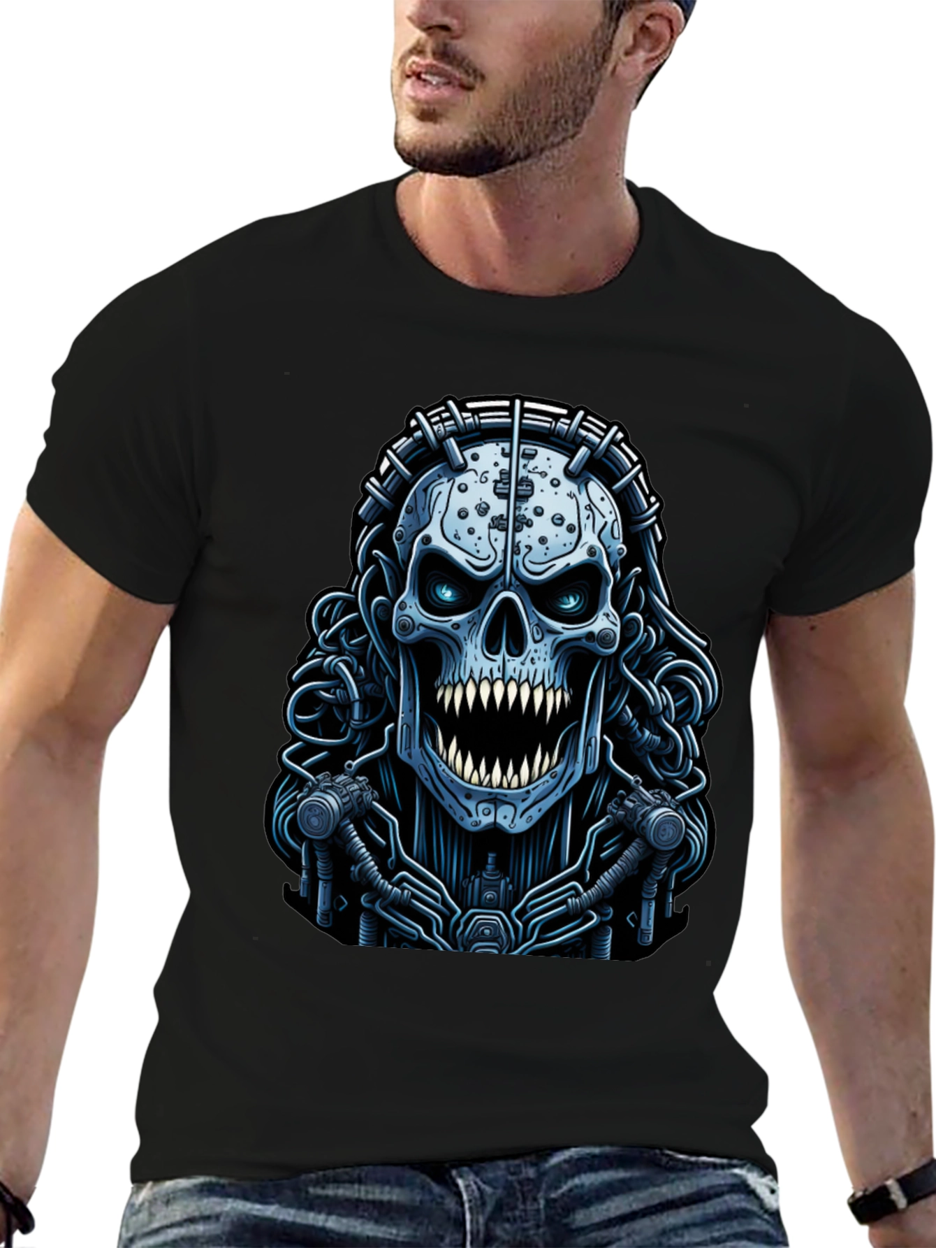 Black Cyberpunk Skull Graphic Tee - Unique Dark Apparel view 6