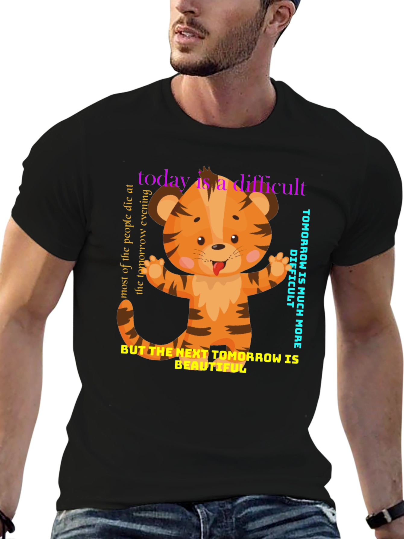 Black Cute Tiger Graphic Tee - Motivational Design view 6