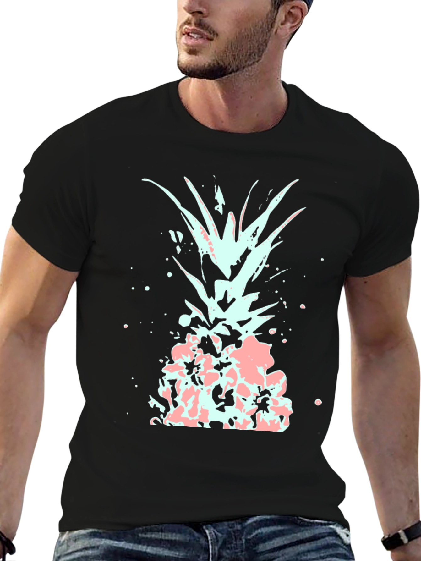 Black Men's Black T-Shirt with Abstract Pineapple Design view 6