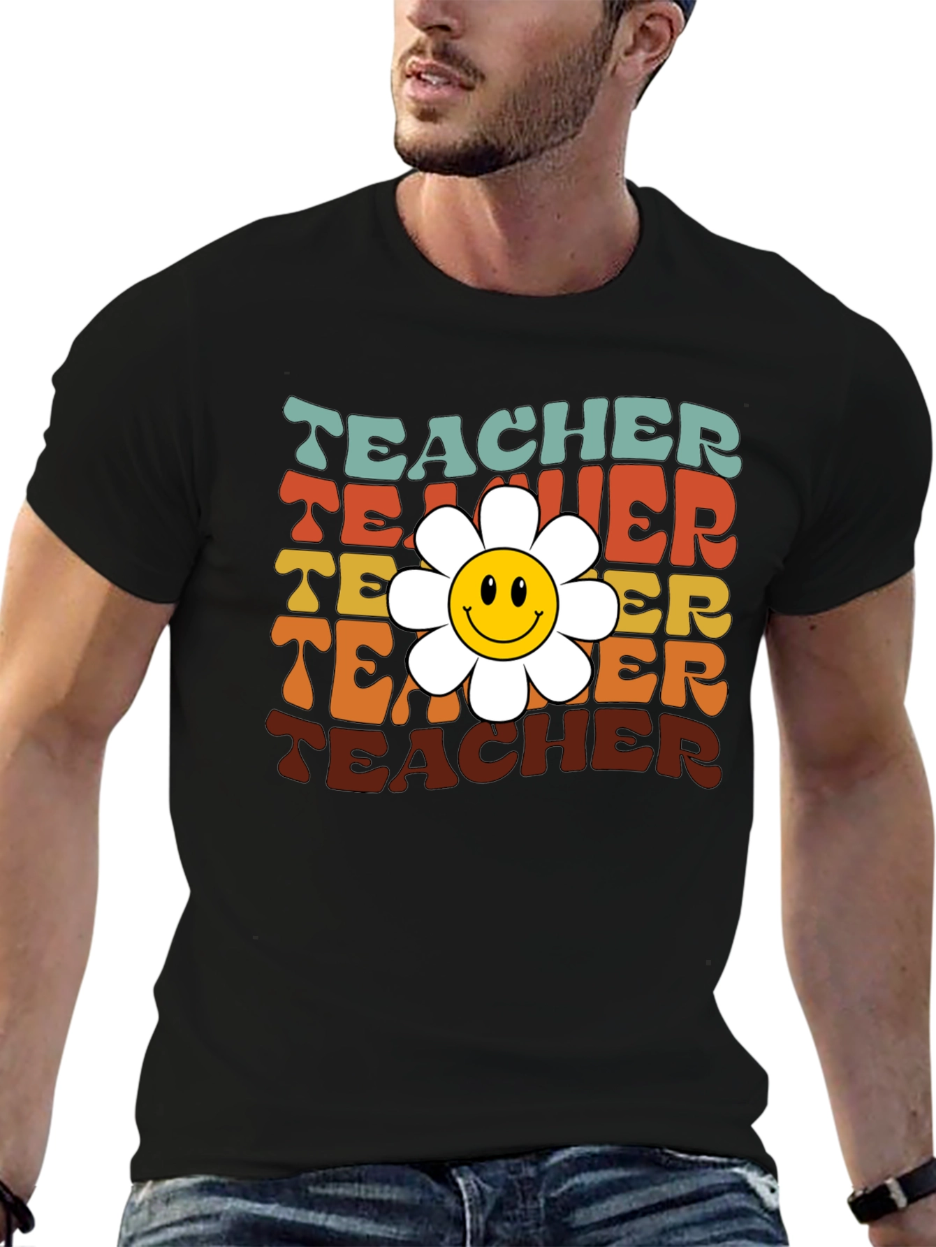 Black Retro Teacher Smiley Flower T-Shirt view 6