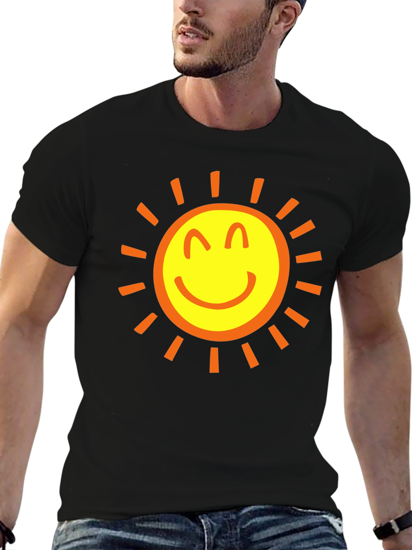 Black Happy Sun Graphic Tee - Black Cotton T-Shirt view 6