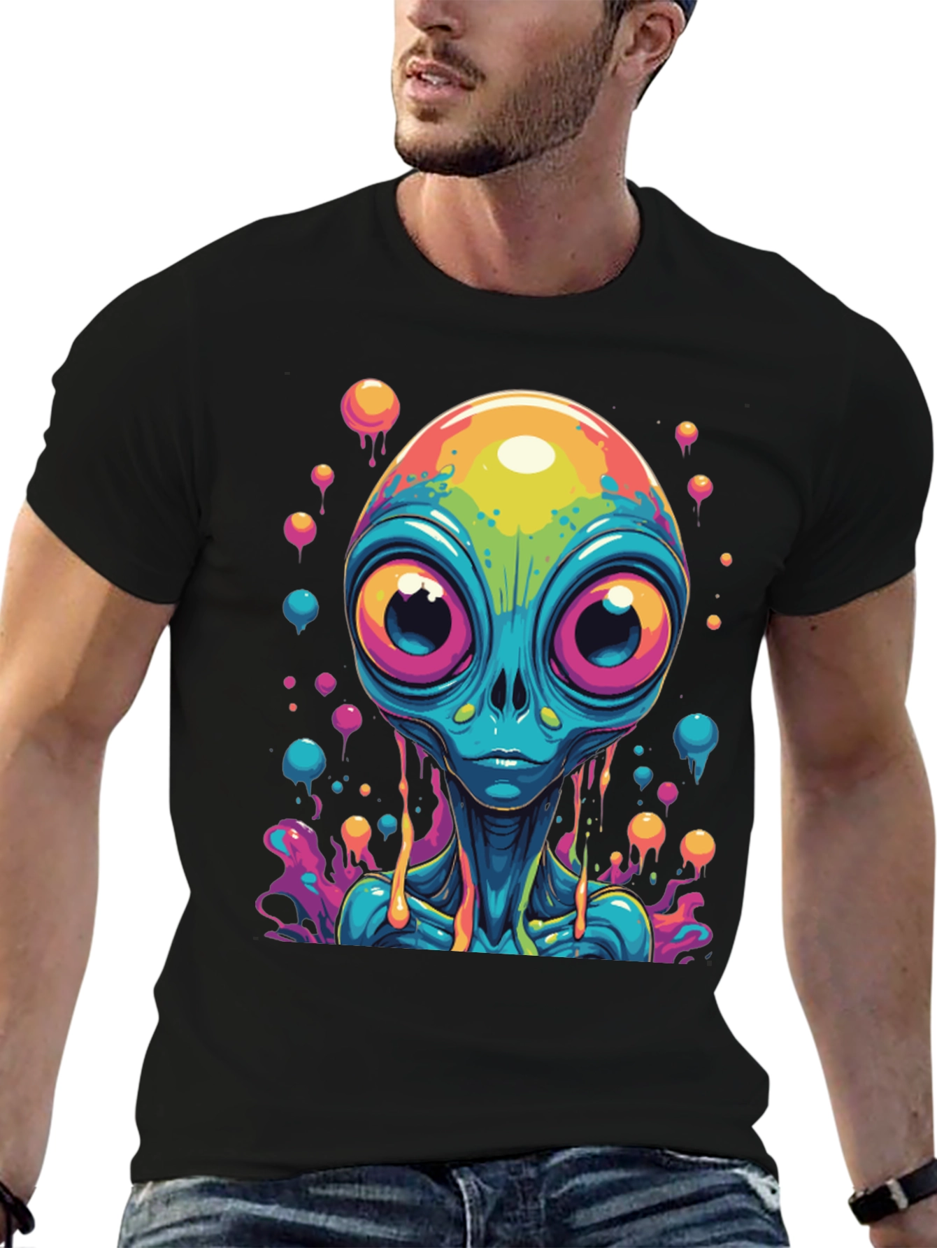 Black Psychedelic Alien Graphic Tee - Black Cotton T-Shirt view 6