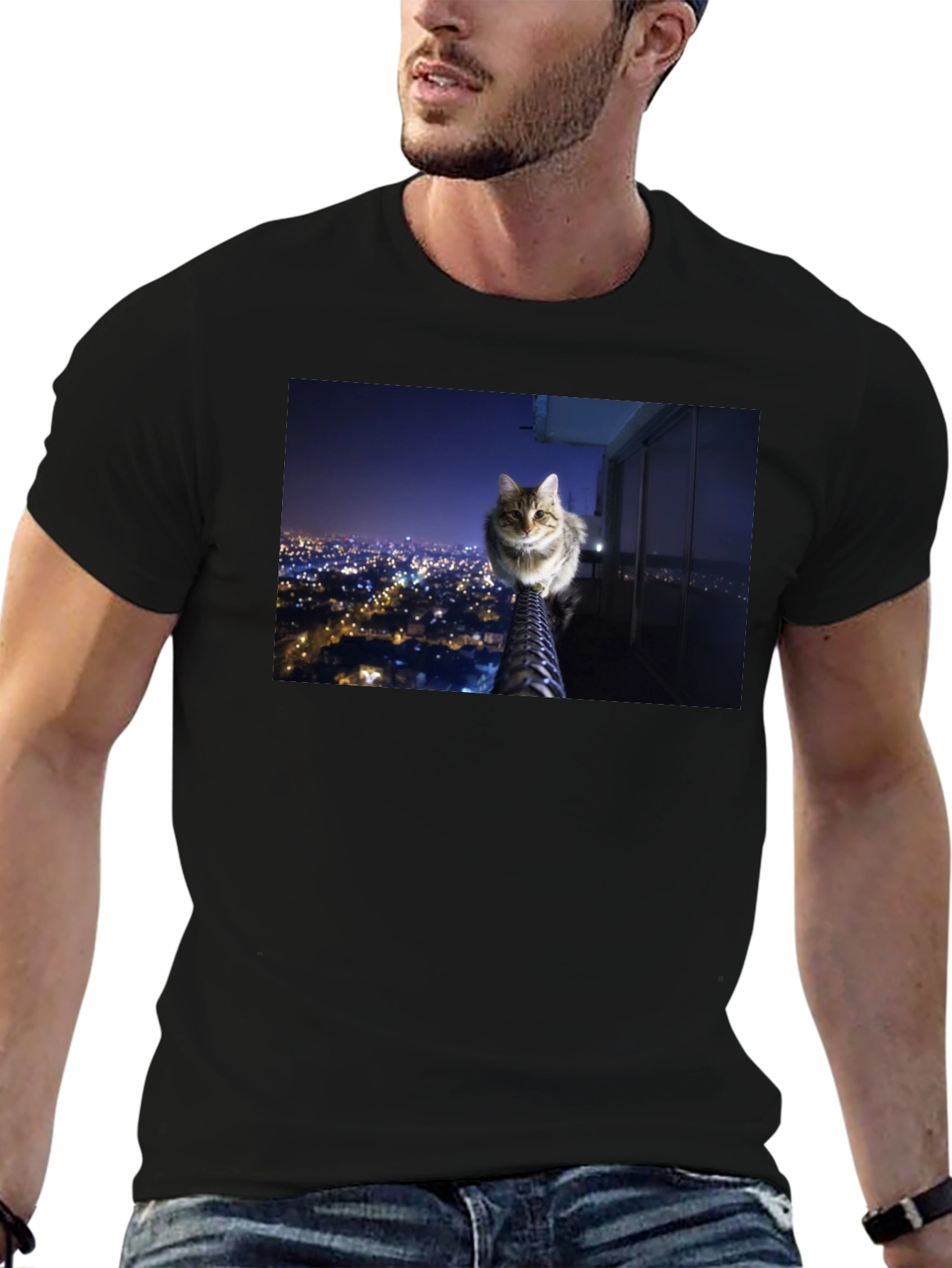 Black Cat on City View T-Shirt view 6