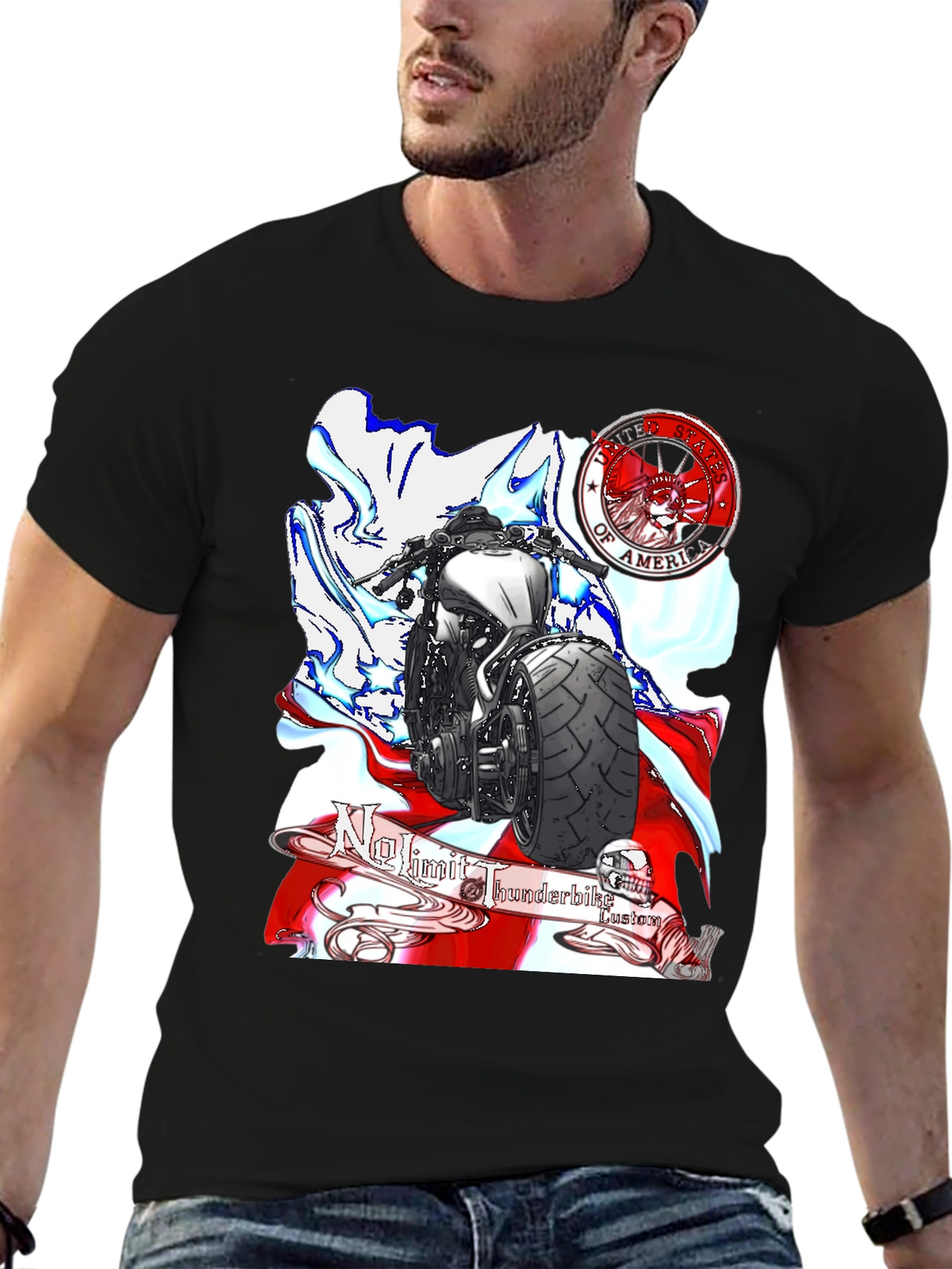 Black Motorcycle Graphic T-Shirt - Patriotic Design view 6
