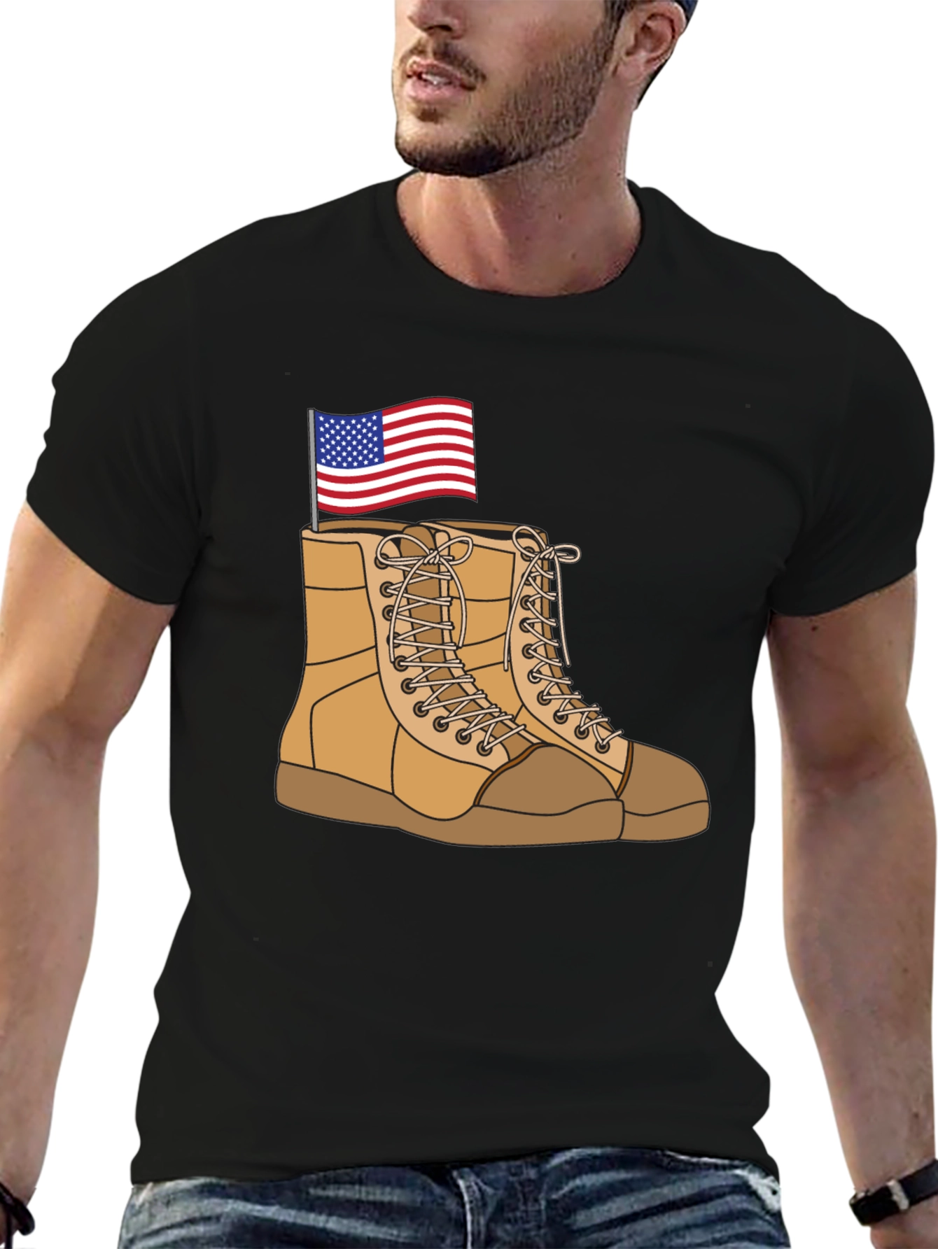 Black Graphic Tee with Boots and Flag Design view 6