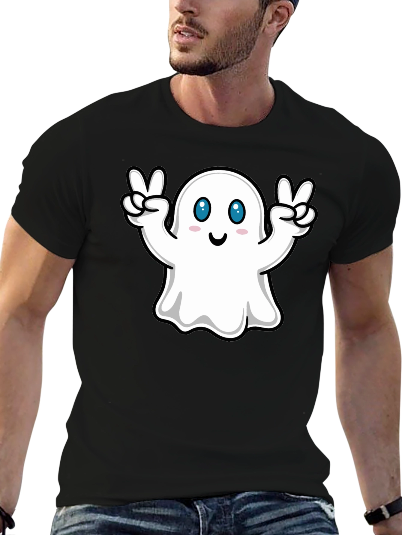 Black Cute Ghost Peace Sign Black T-Shirt view 6