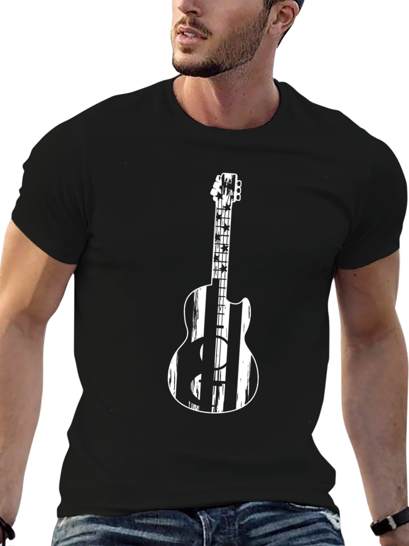 Black Guitar Graphic Tee - Black Crew Neck T-Shirt view 6