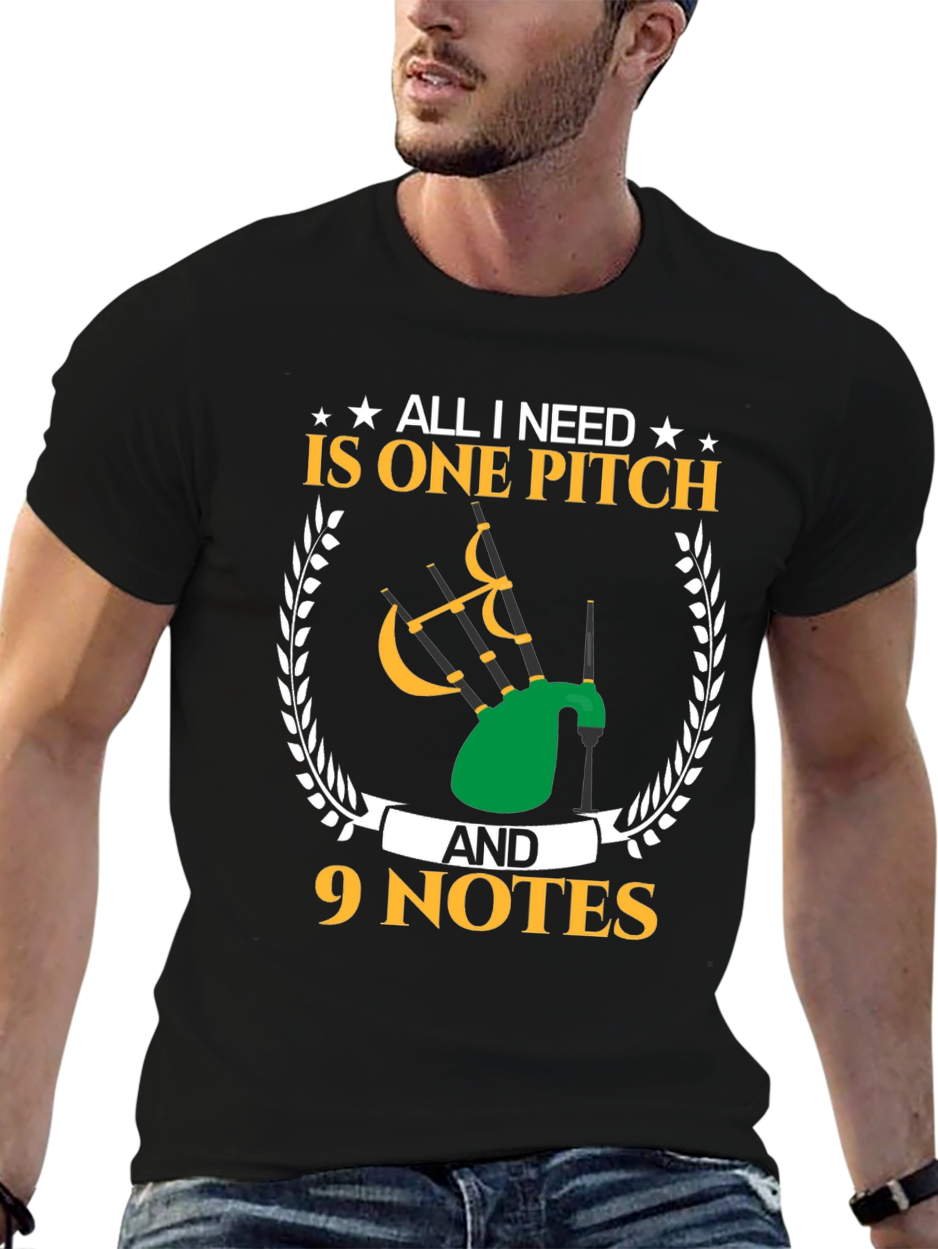 Black Bagpipe Musician T-Shirt - One Pitch & 9 Notes view 6
