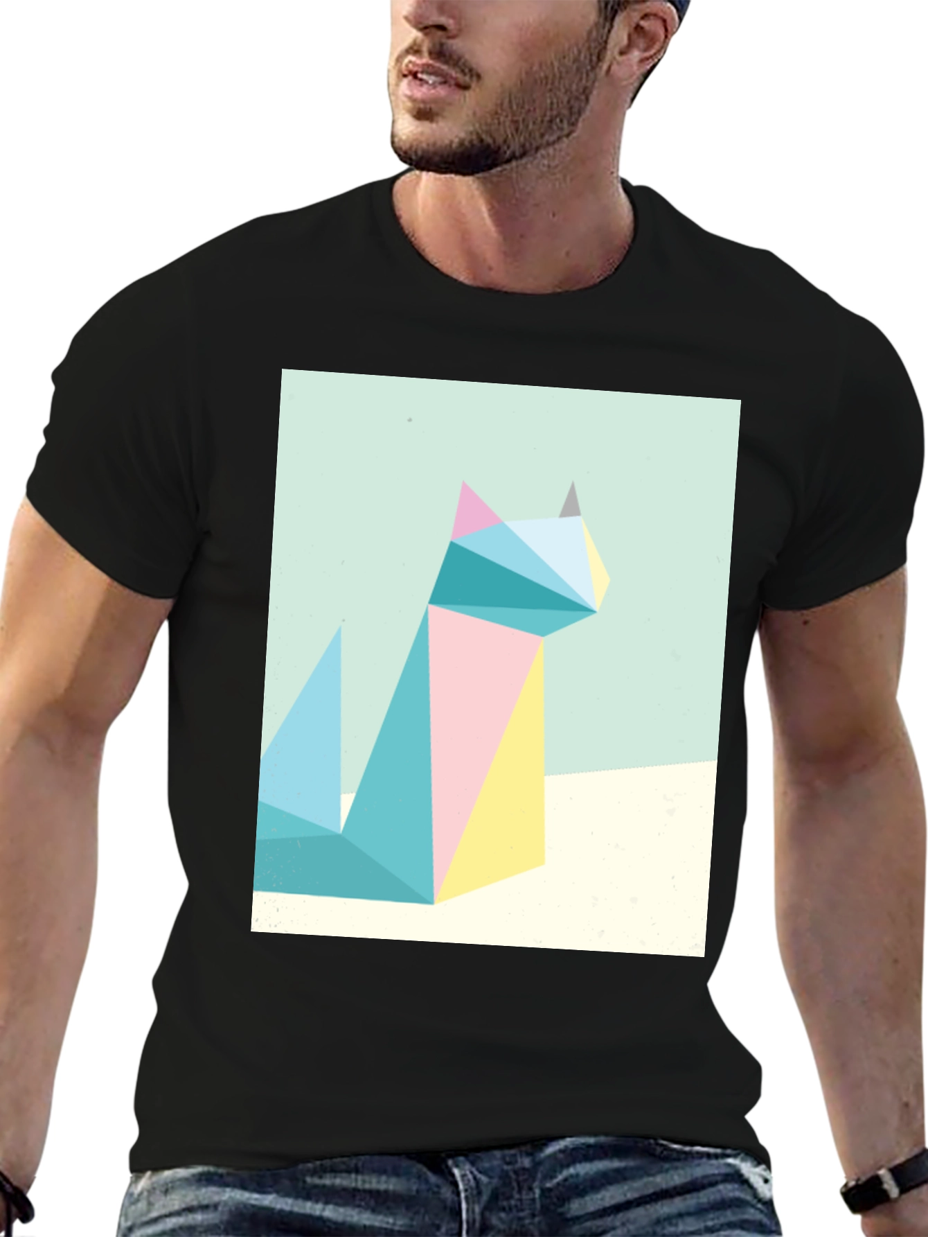 Black Geometric Cat Print Tee - Modern Art Shirt view 6