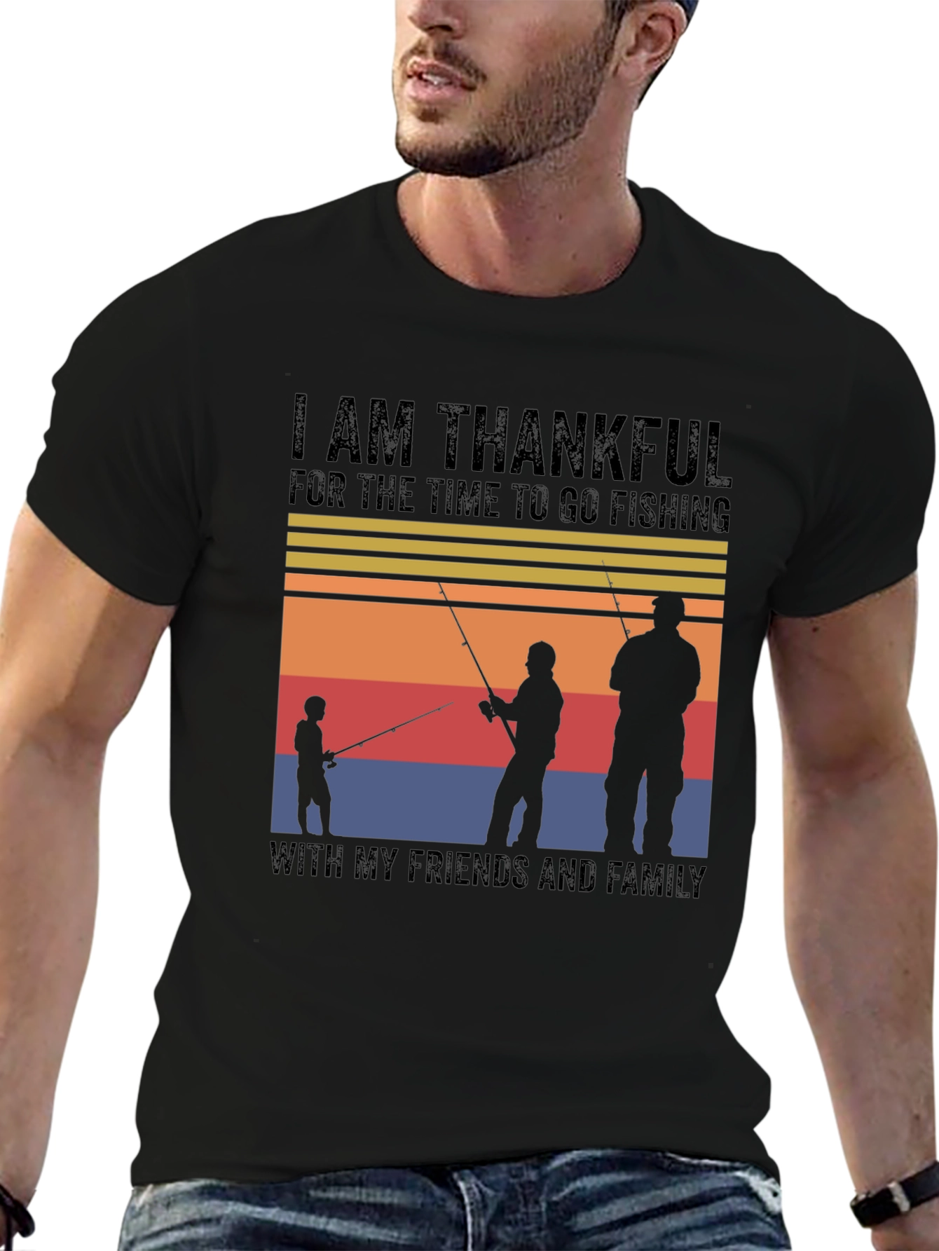 Black Thankful Fishing Friends Family T-Shirt view 6