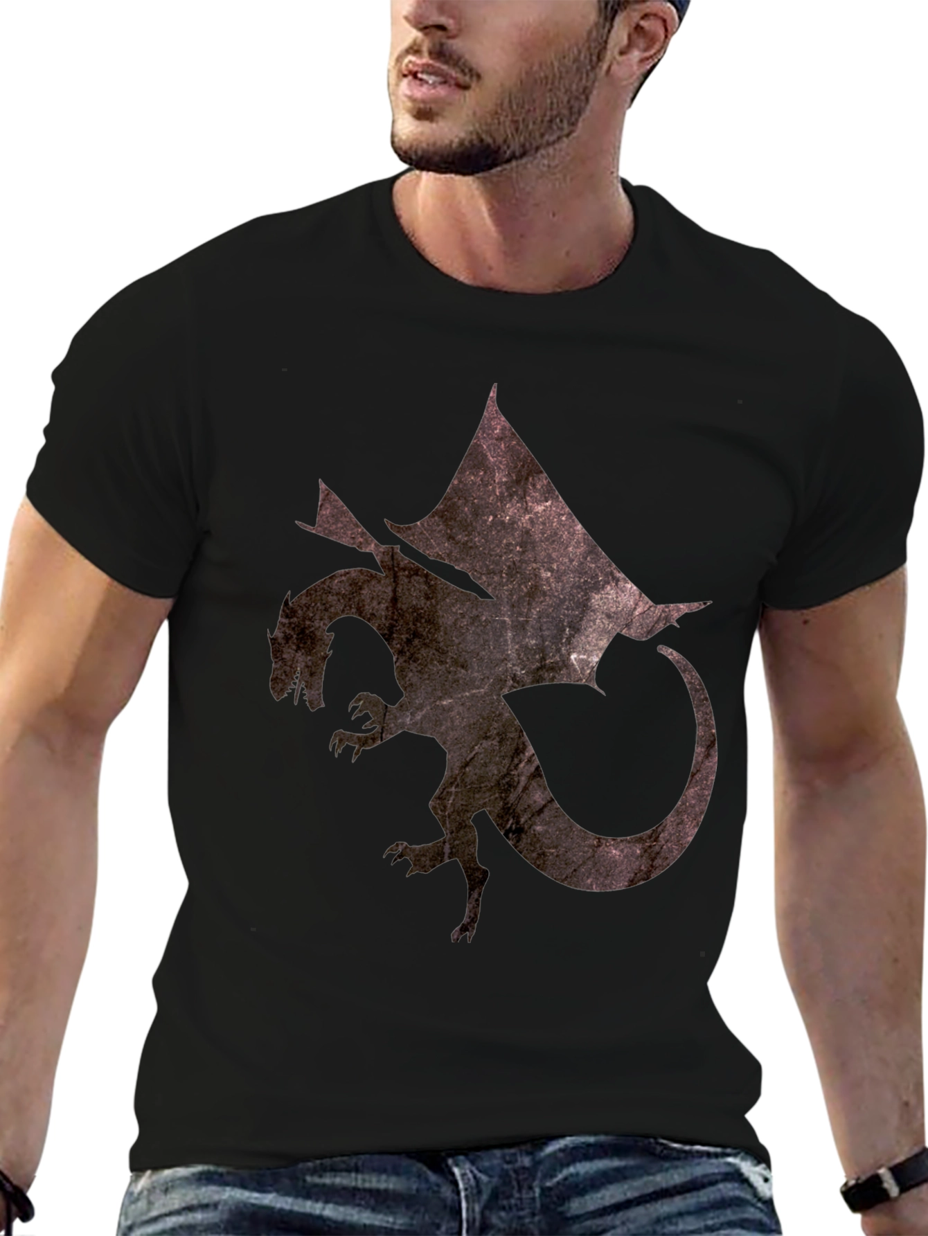 Black Textured Dragon Graphic Tee - Black Cotton Blend Casual Shirt view 6