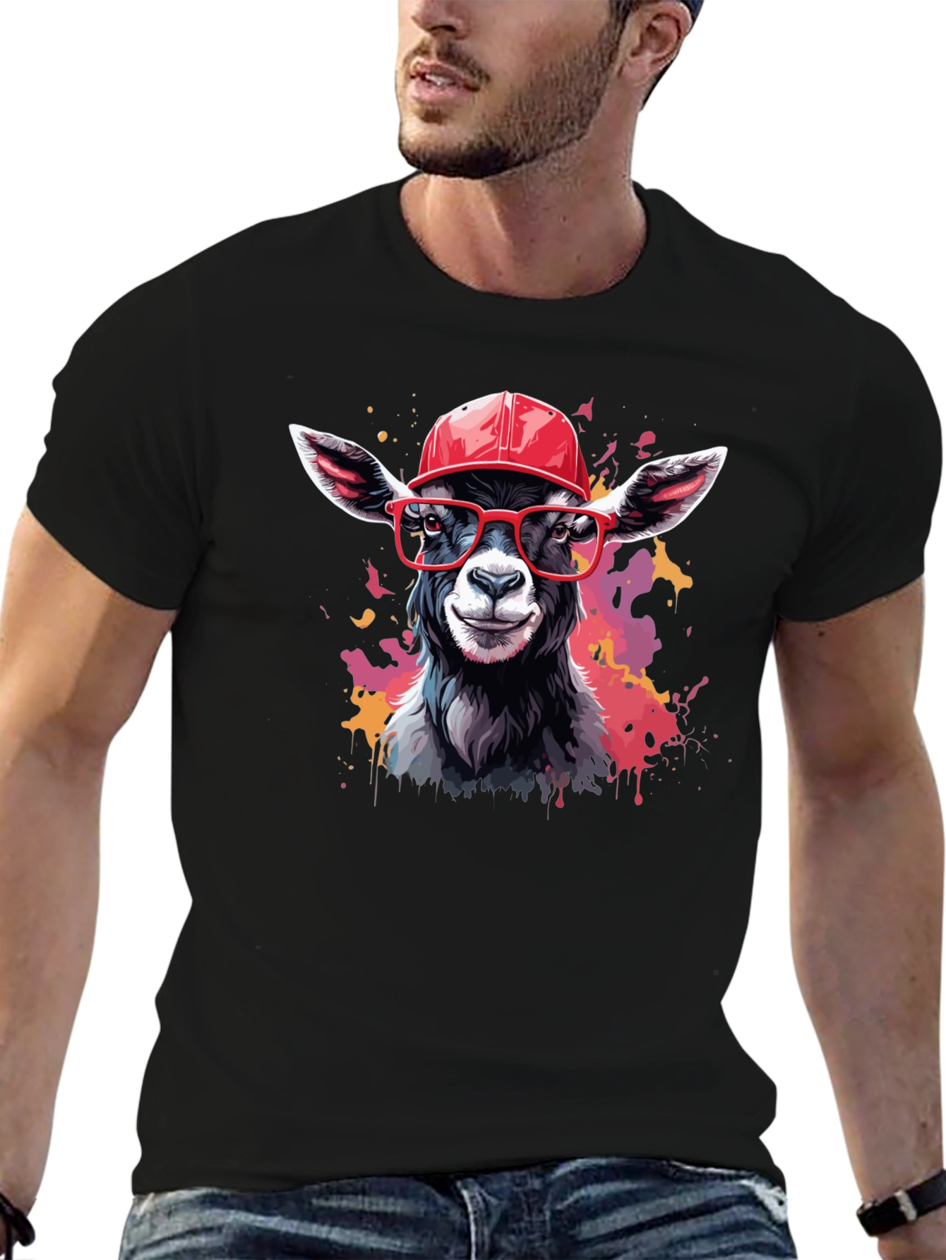 Black Goat Tee with Cap and Glasses - Cool Animal Design! view 6