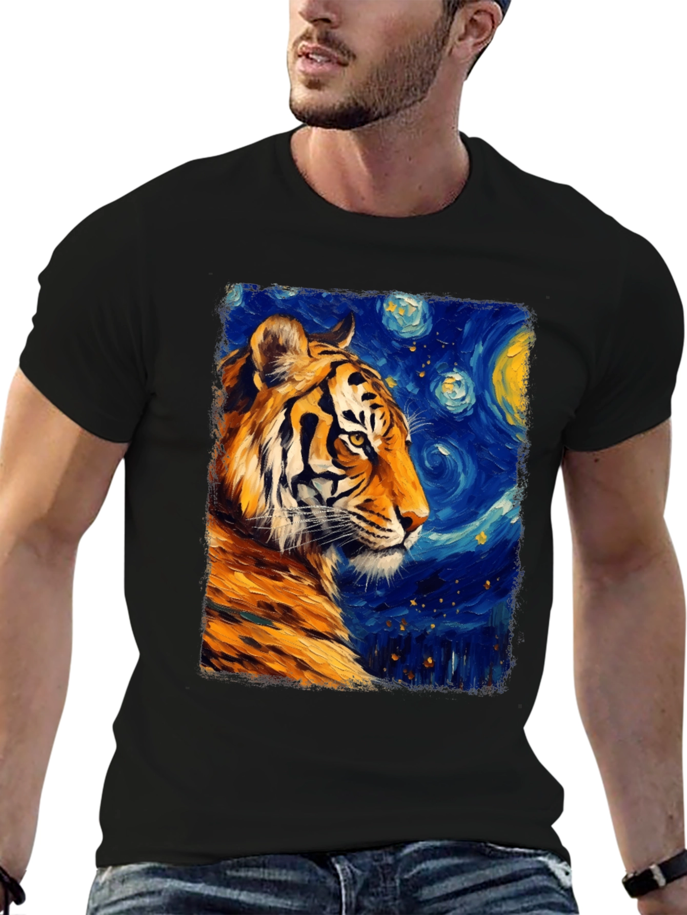 Black Tiger Starry Night T-Shirt - Artistic Graphic Tee view 6