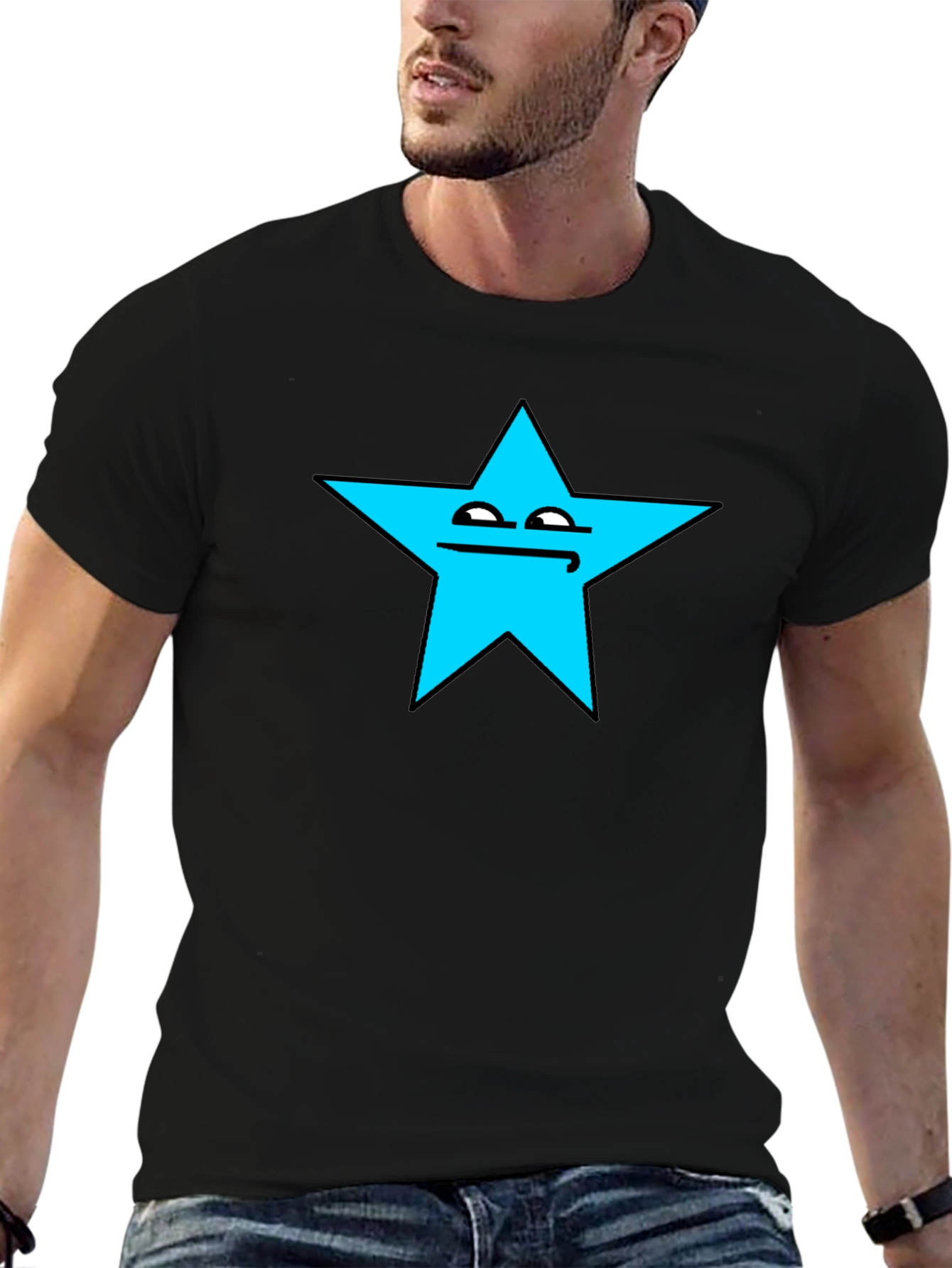 Black Funny Star Face Graphic T-Shirt - Black Cotton Tee view 6