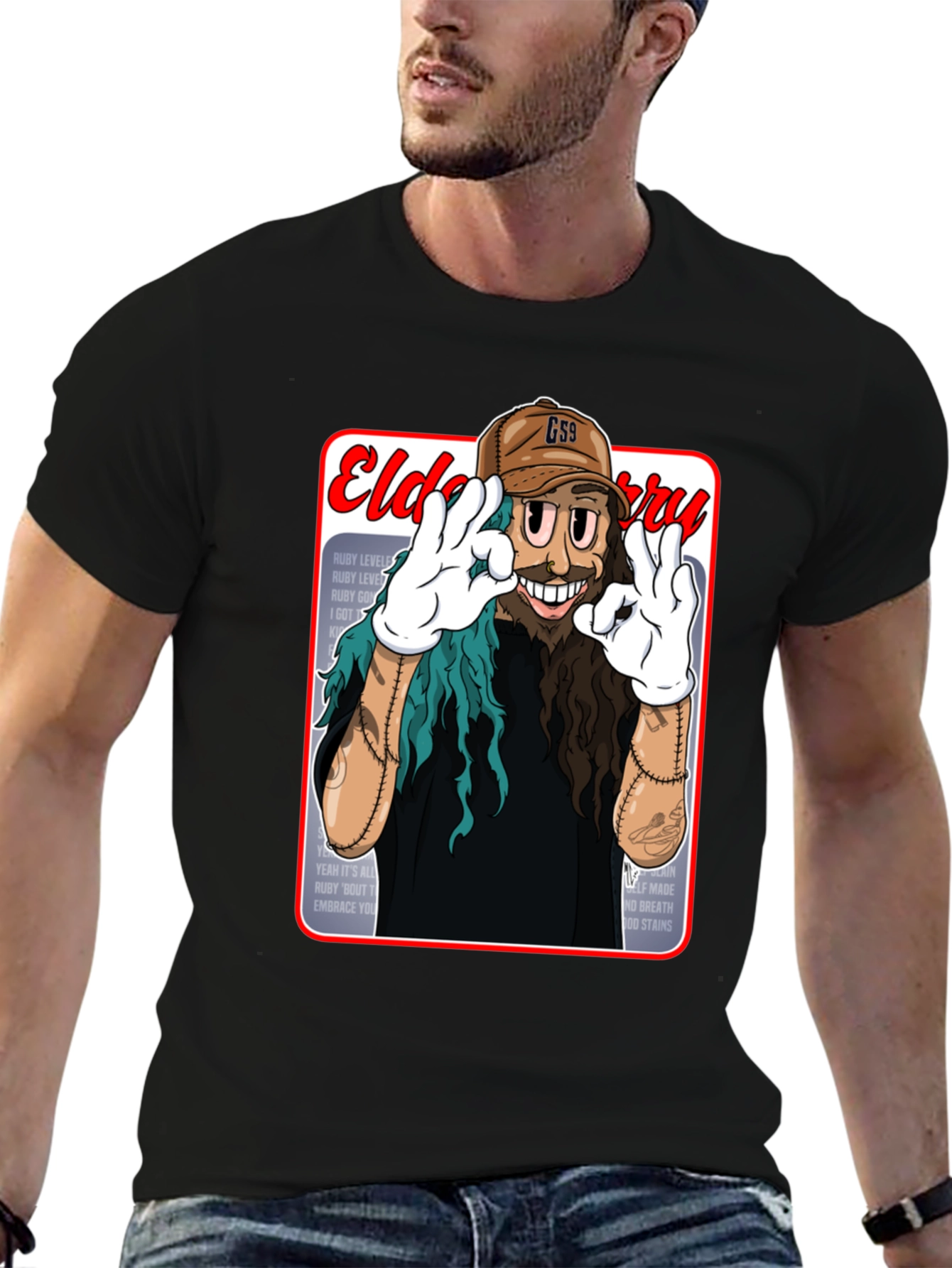 Black Eldo Berry Cartoon Style Black T-Shirt view 6