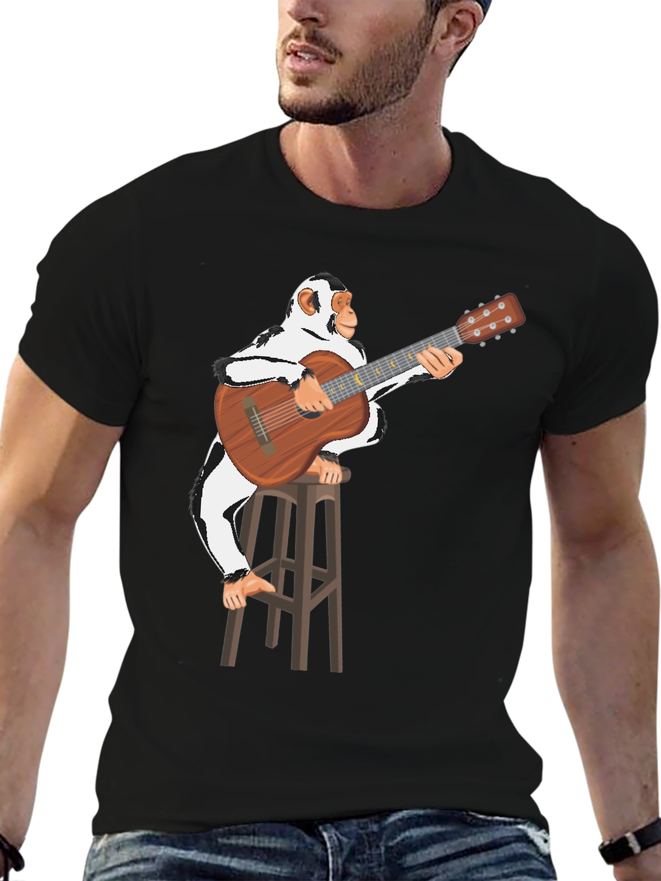 Black Monkey Guitarist Graphic T-Shirt - Unisex Cotton Tee view 6