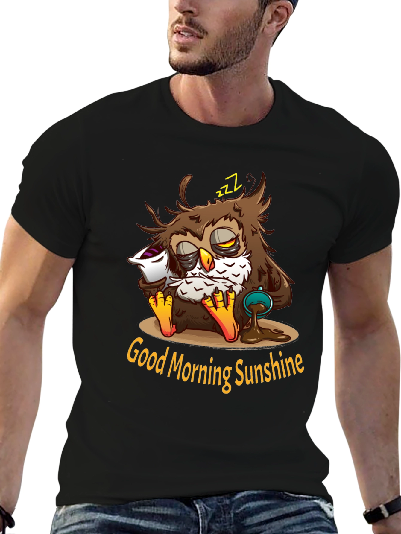 Black Funny Sleepy Owl Coffee T-Shirt - Good Morning Sunshine view 6