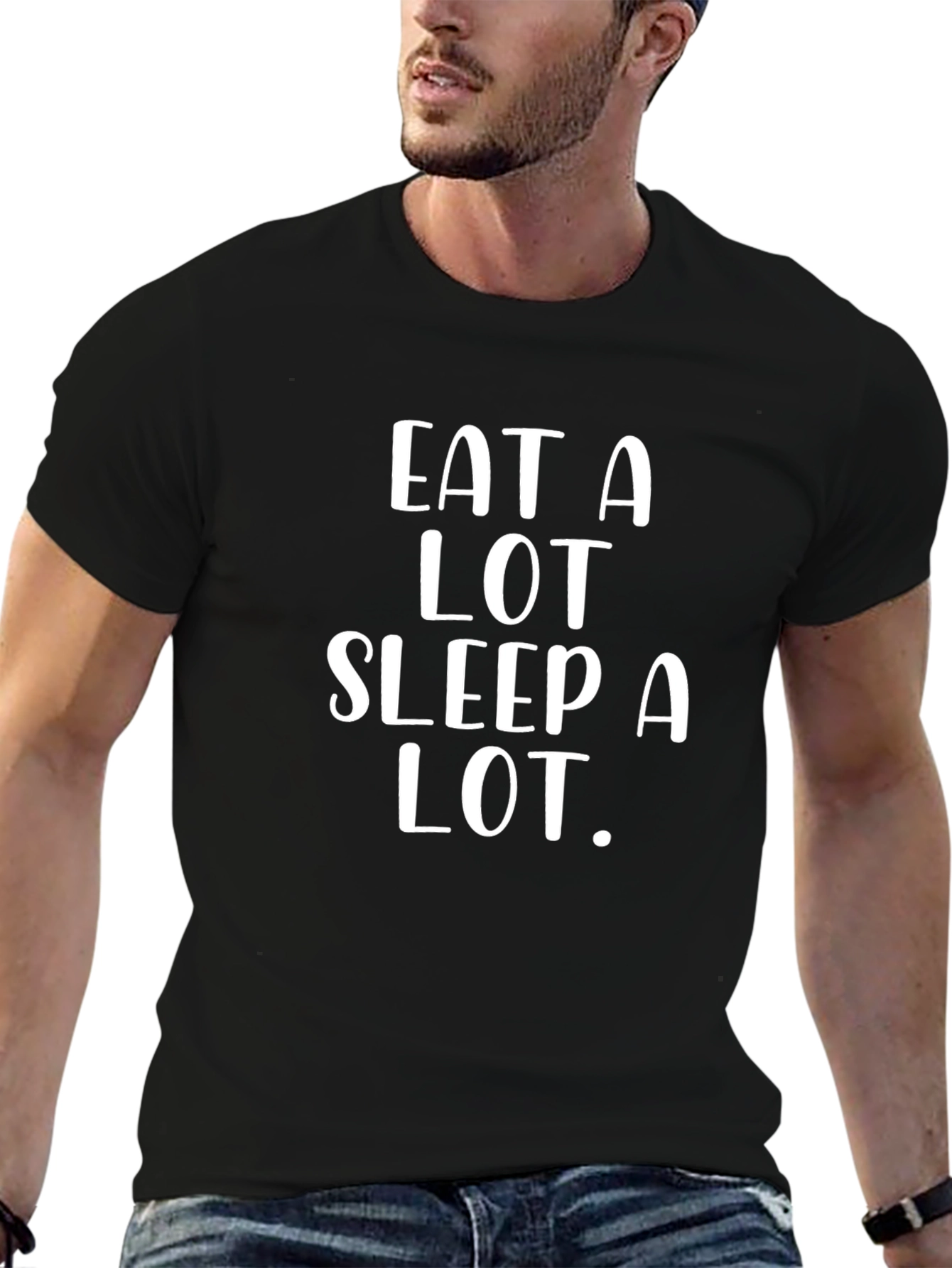 Black Eat A Lot, Sleep A Lot T-Shirt -  Comfortable Cotton Blend Tee view 6
