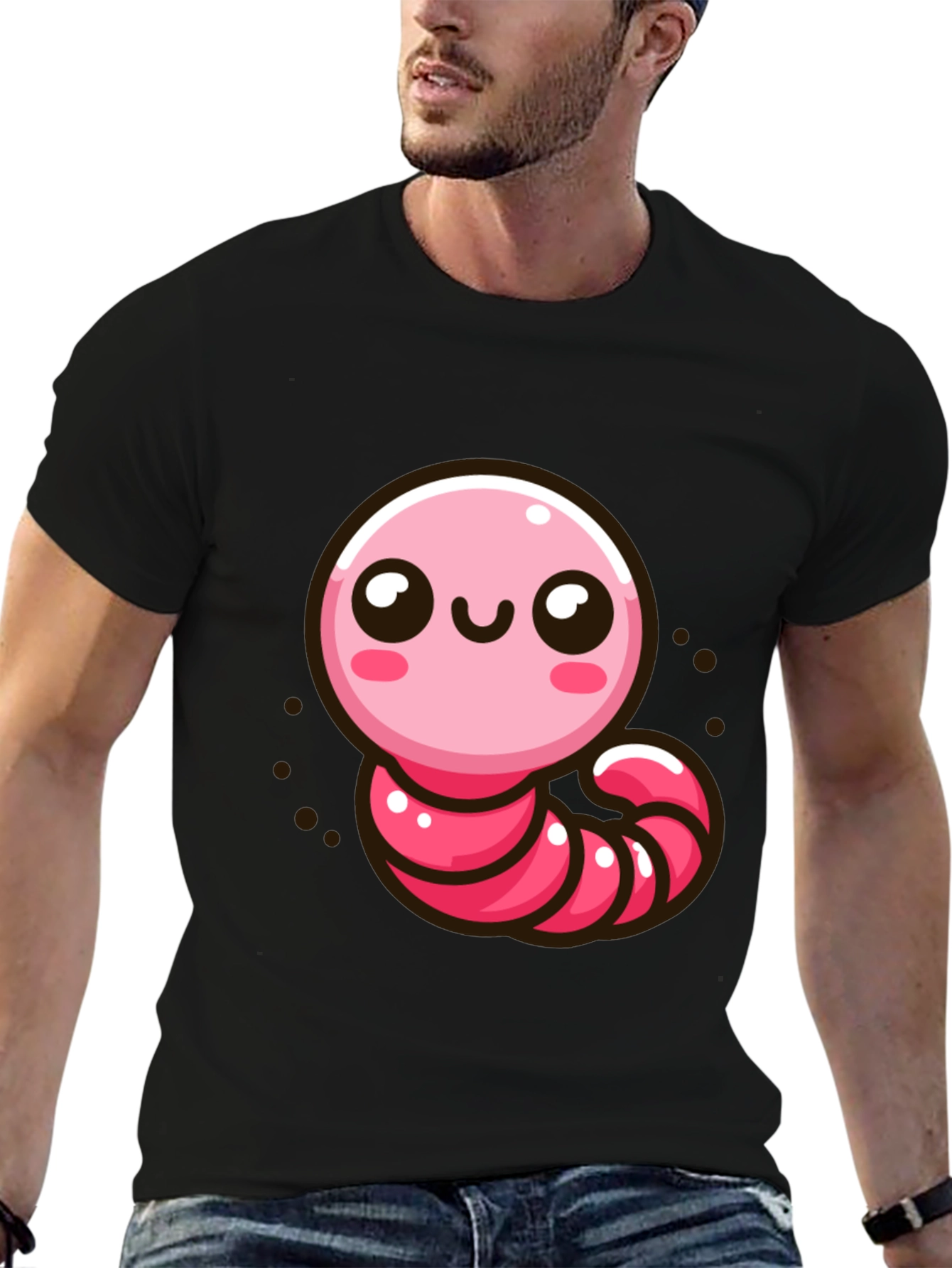 Black Cute Pink Worm Graphic T-Shirt view 6