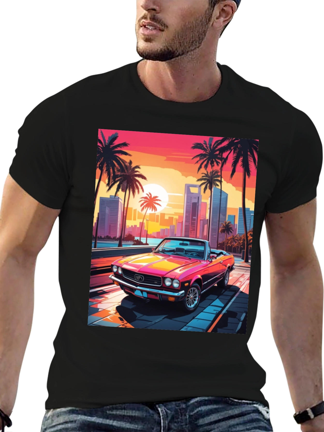 Black Retro Sunset Car Graphic Tee view 6