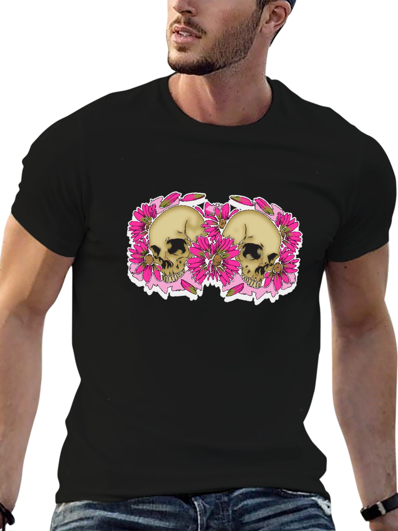 Black Skull & Floral Graphic Tee - Black view 6