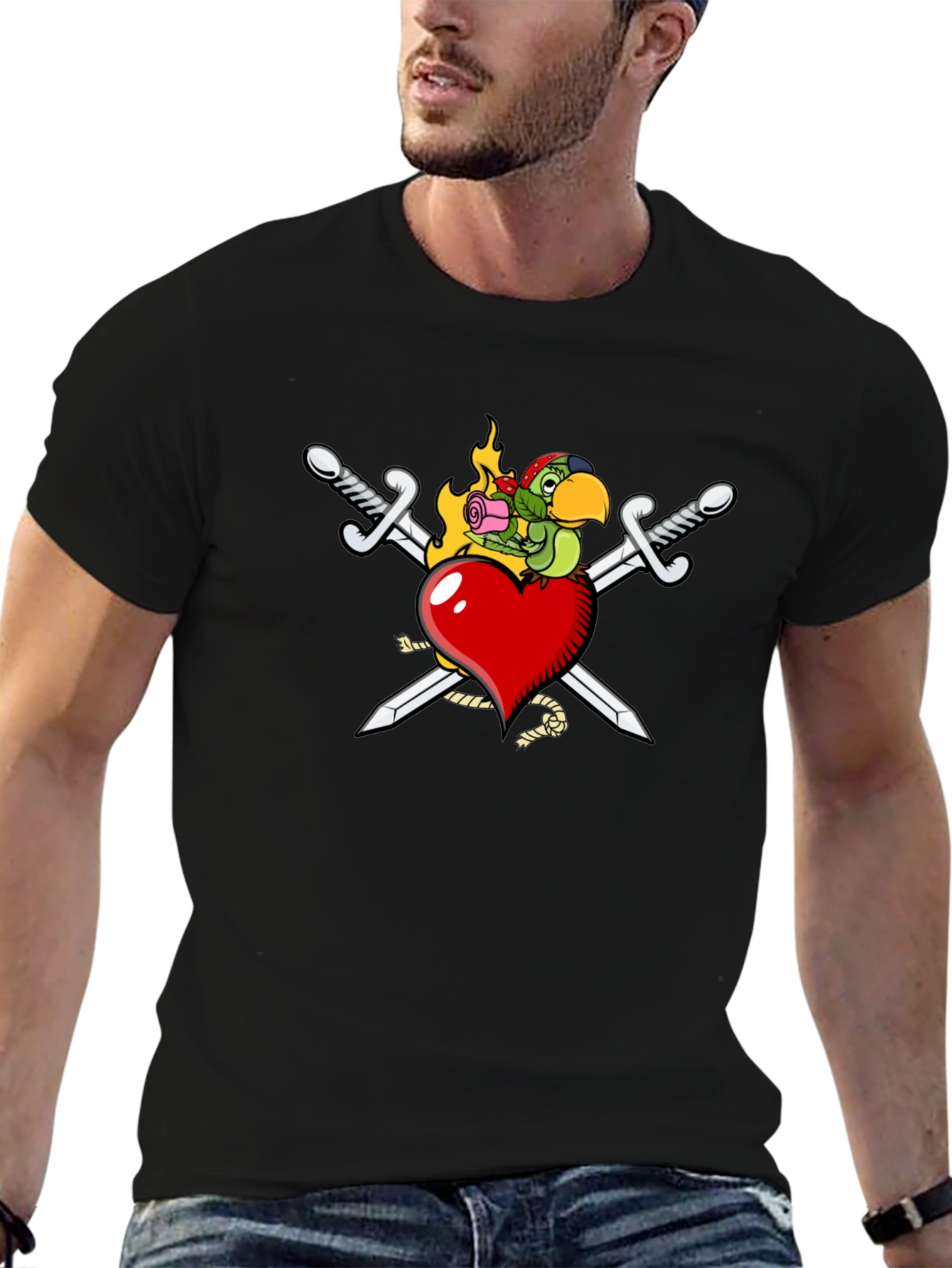 Black Flaming Heart & Swords Graphic T-Shirt view 6