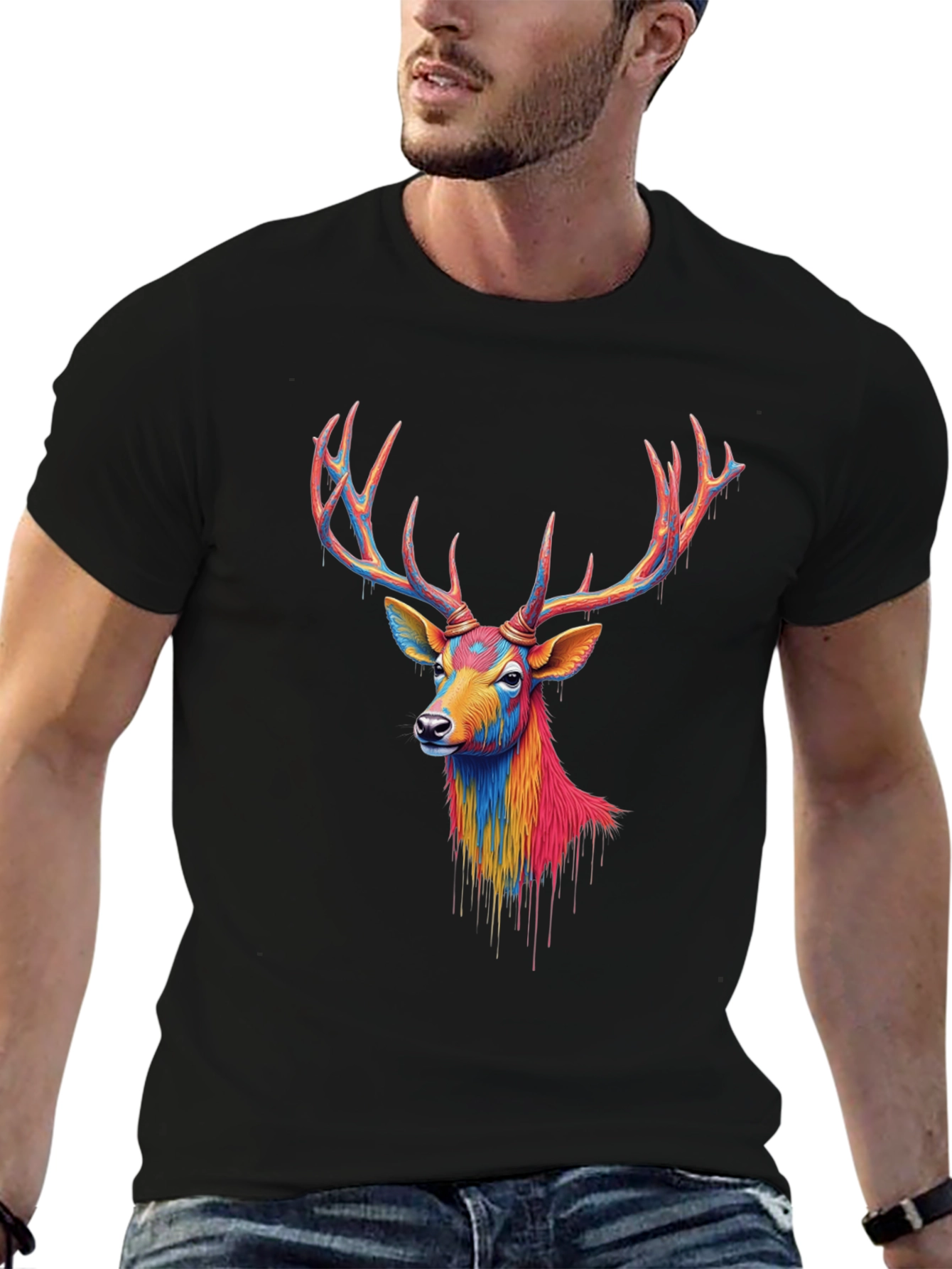 Black Colorful Deer Graphic Black T-Shirt view 6