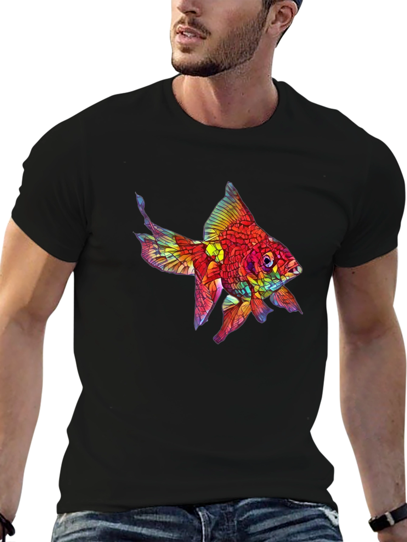 Black Vibrant Fish Graphic Black T-Shirt view 6