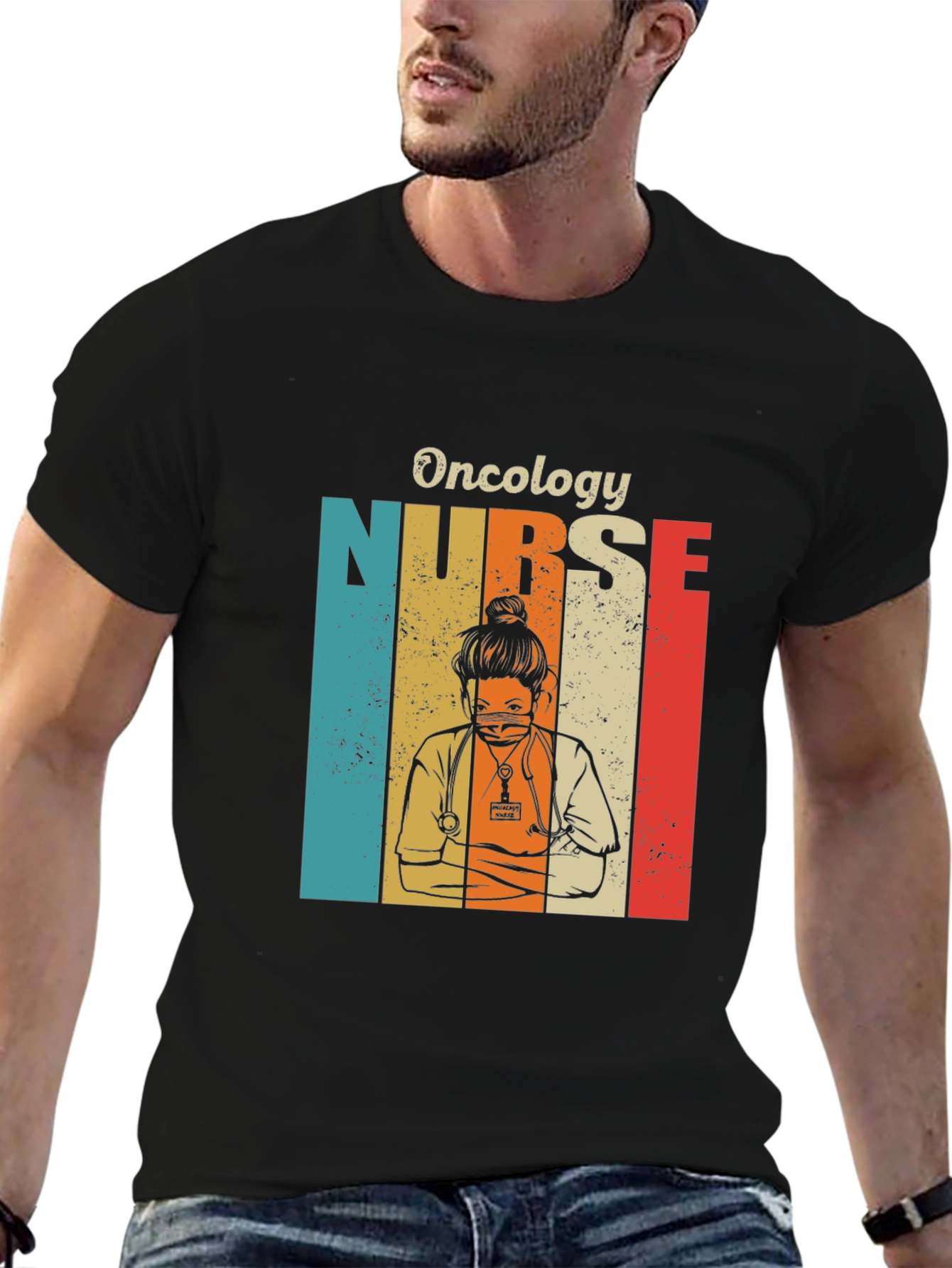 Black Oncology Nurse Retro T-Shirt view 6