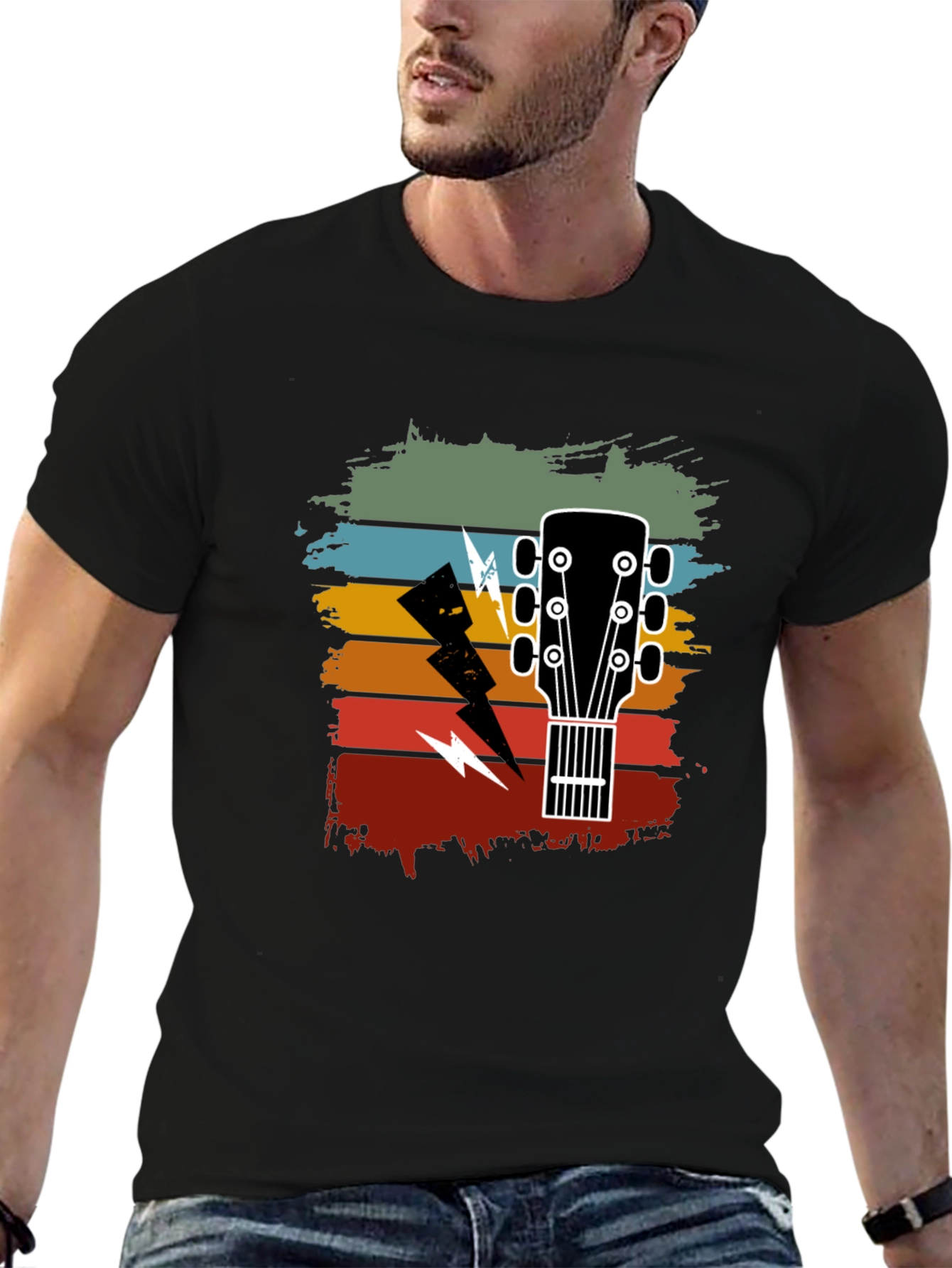 Black Retro Guitar Lightning Bolt Graphic Tee view 6