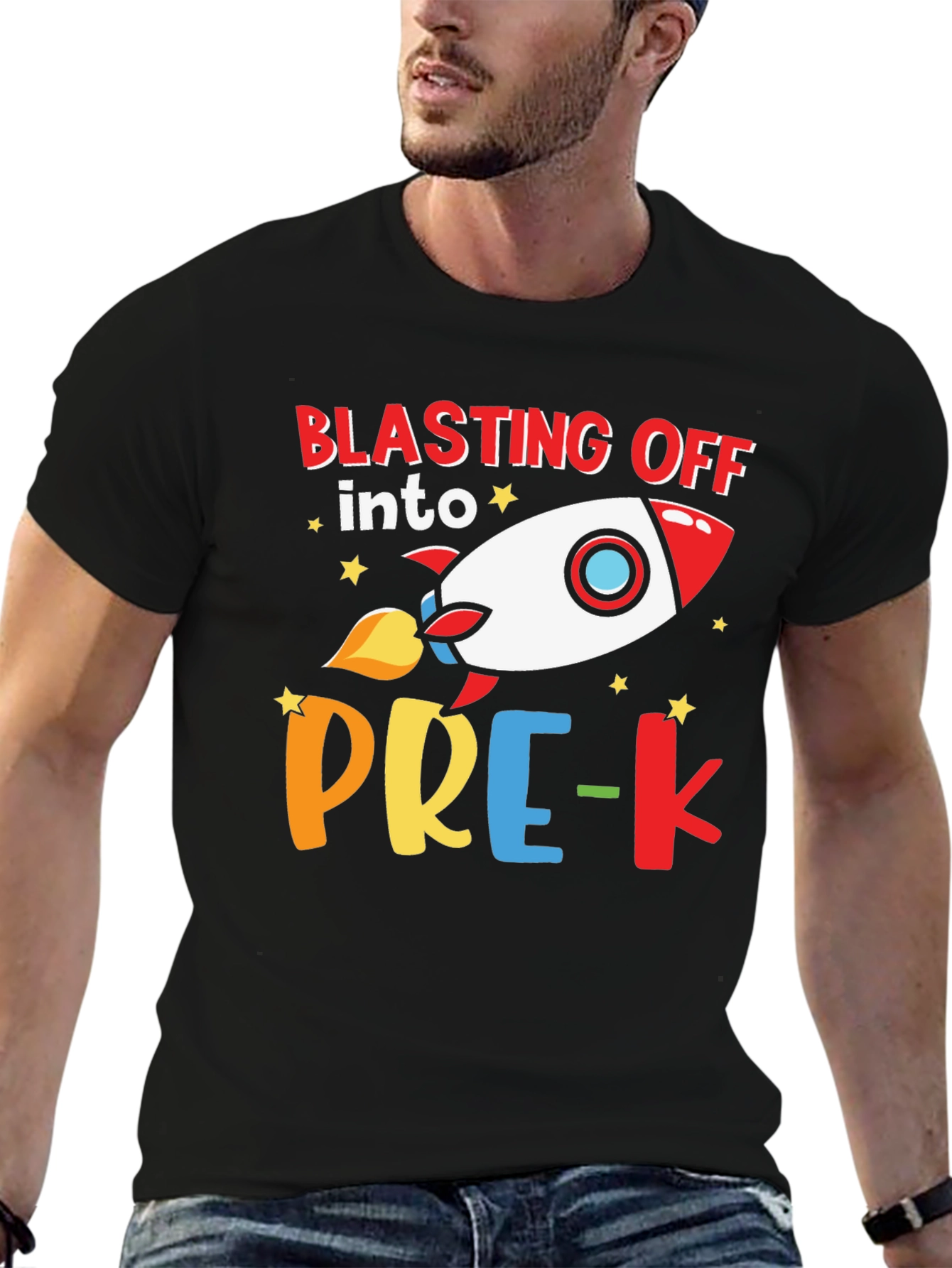 Black Blasting Off into Pre-K Rocket T-Shirt view 6