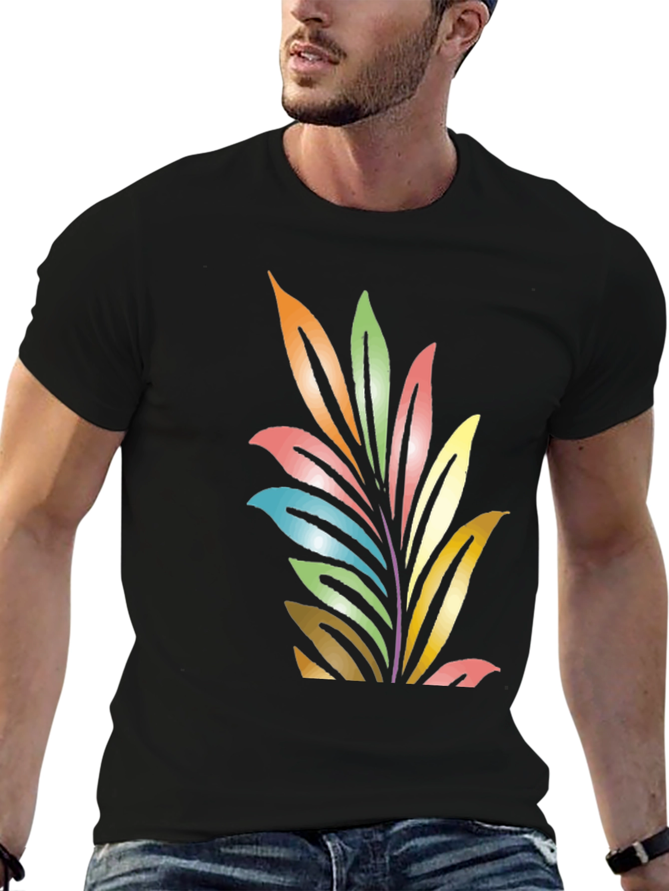 Black Colorful Leaf Graphic Black T-Shirt view 6