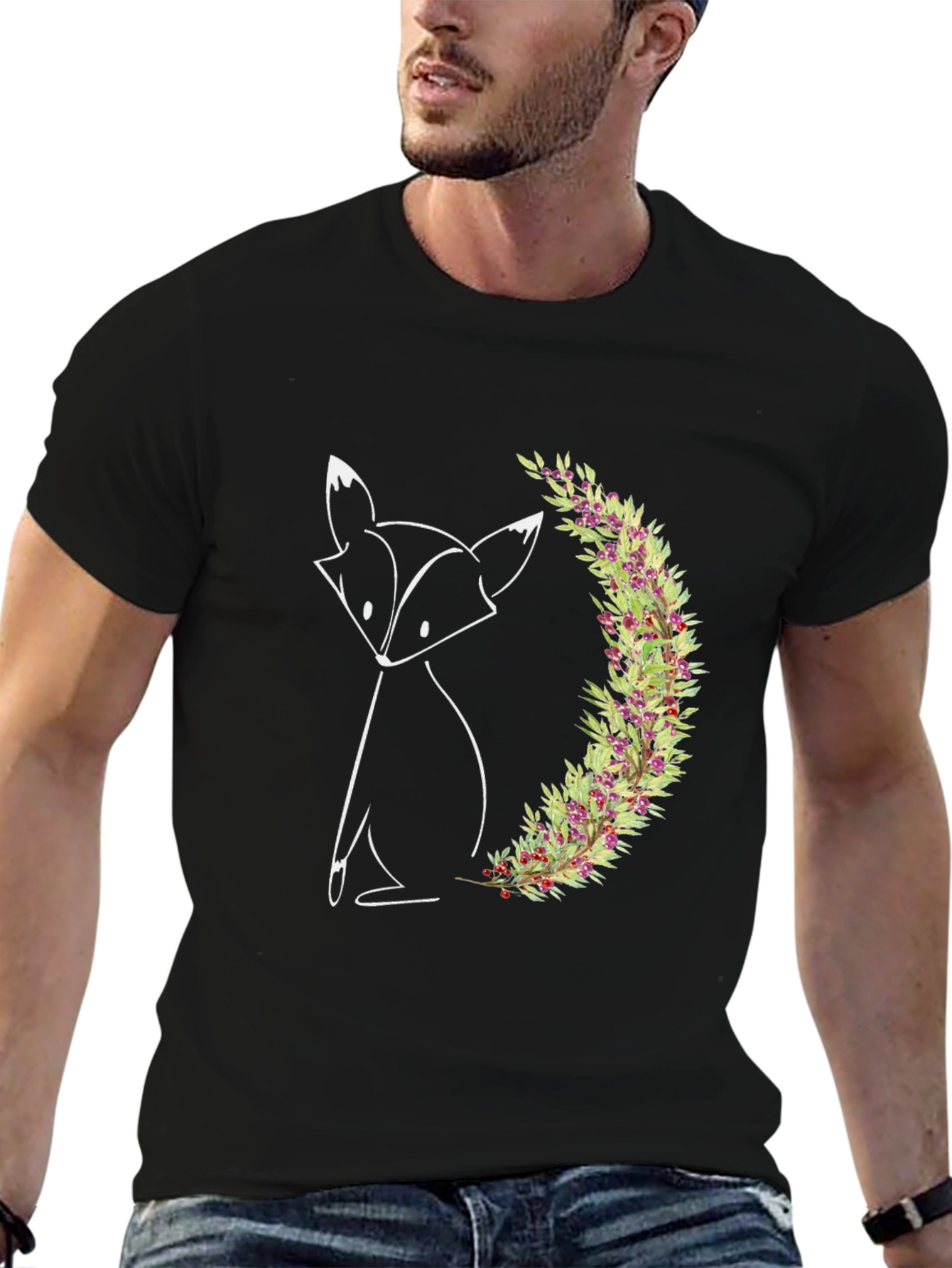 Black Minimalist Fox & Floral Wreath Graphic Tee - Black view 6